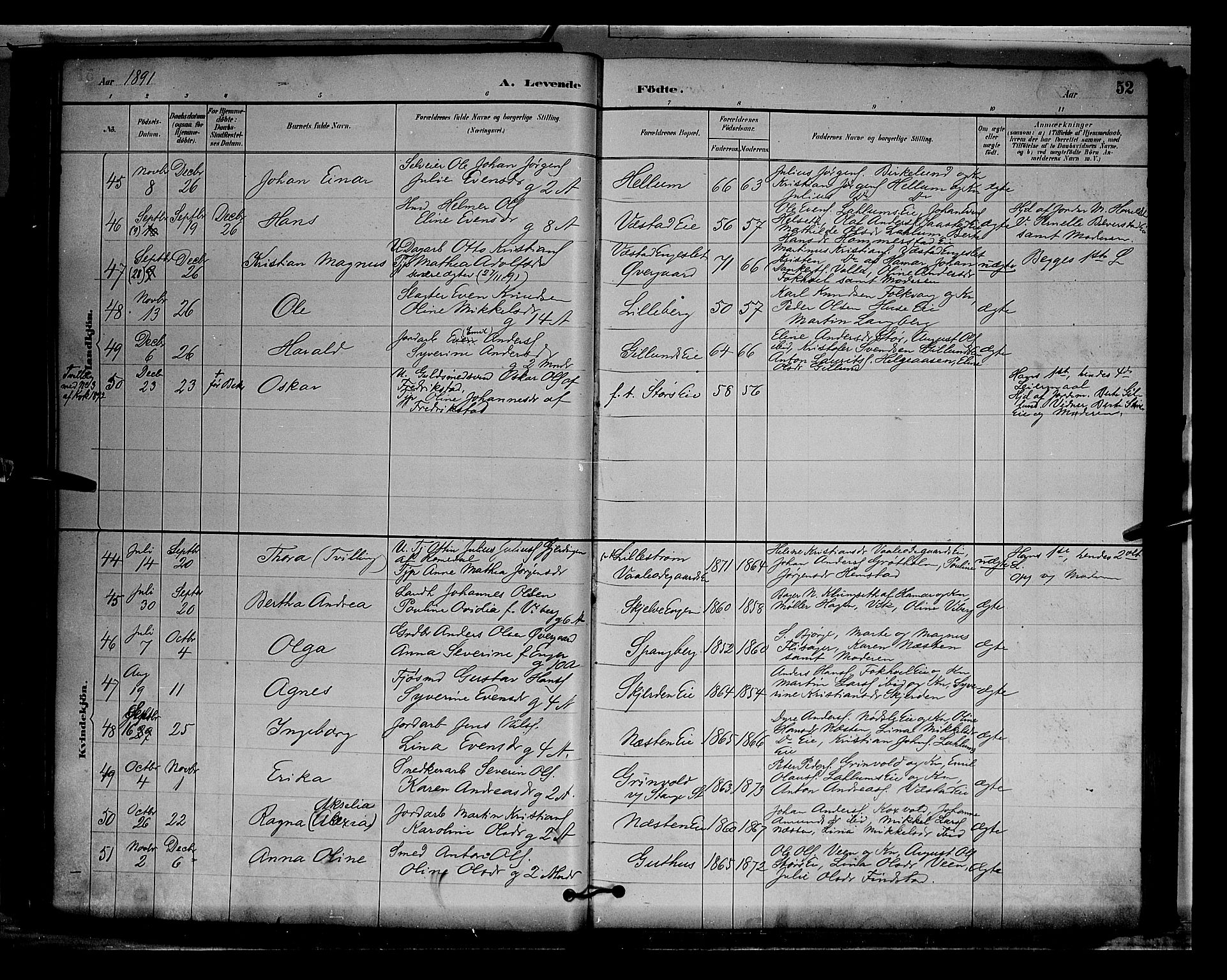 Stange prestekontor, AV/SAH-PREST-002/L/L0009: Parish register (copy) no. 9, 1883-1899, p. 52