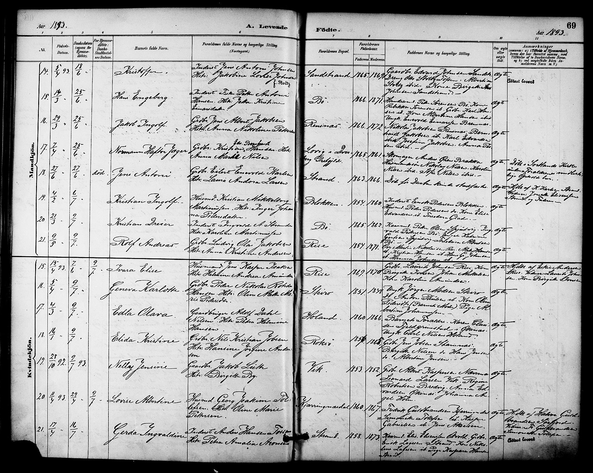 Ministerialprotokoller, klokkerbøker og fødselsregistre - Nordland, AV/SAT-A-1459/895/L1371: Parish register (official) no. 895A06, 1885-1894, p. 69