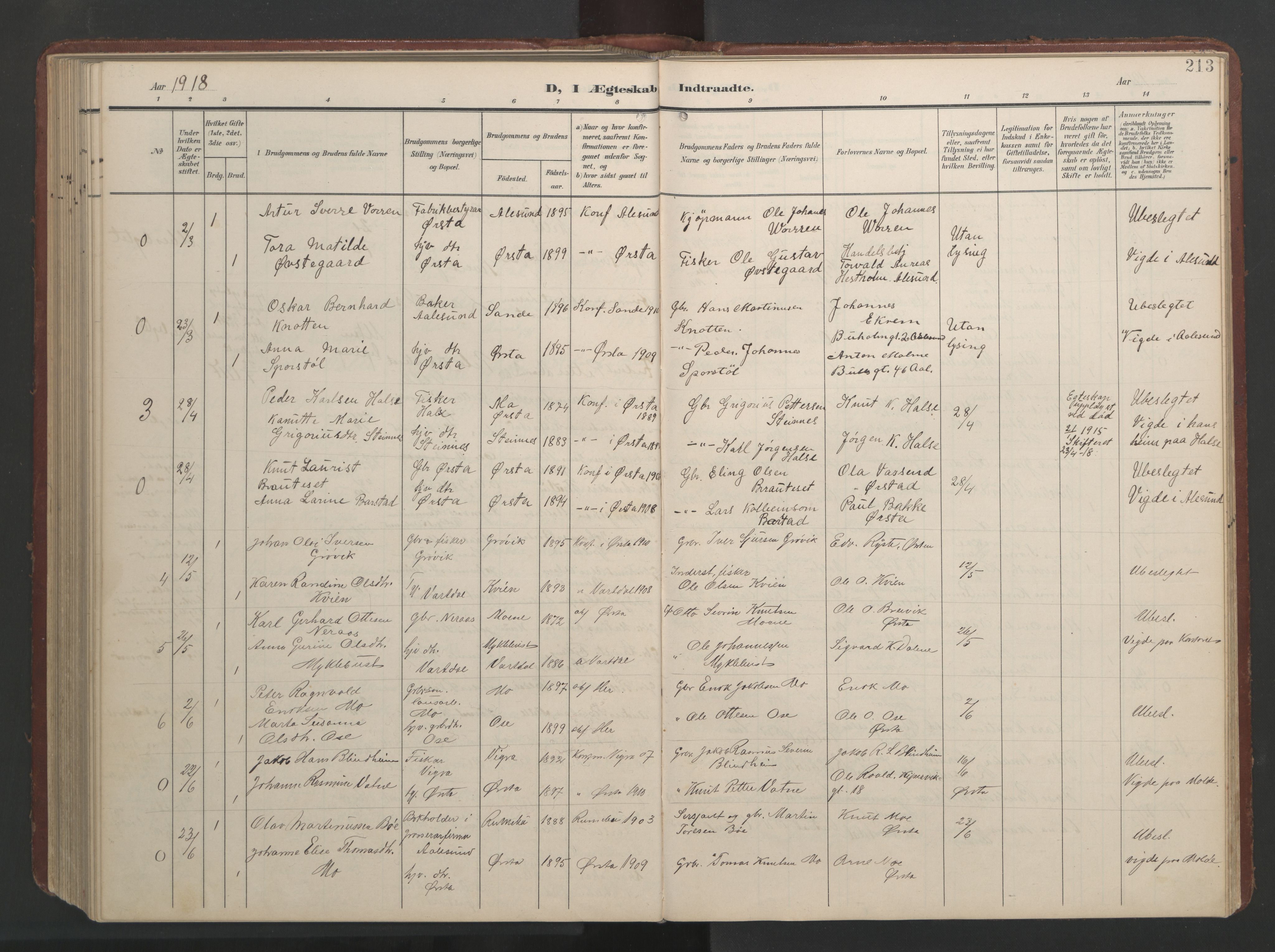 Ministerialprotokoller, klokkerbøker og fødselsregistre - Møre og Romsdal, AV/SAT-A-1454/513/L0190: Parish register (copy) no. 513C04, 1904-1926, p. 213