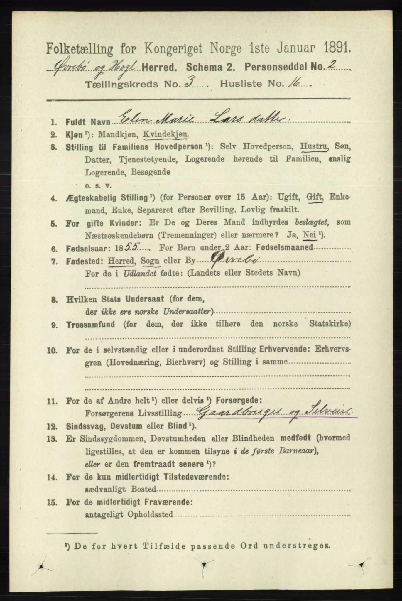 RA, 1891 census for 1016 Øvrebø og Hægeland, 1891, p. 605