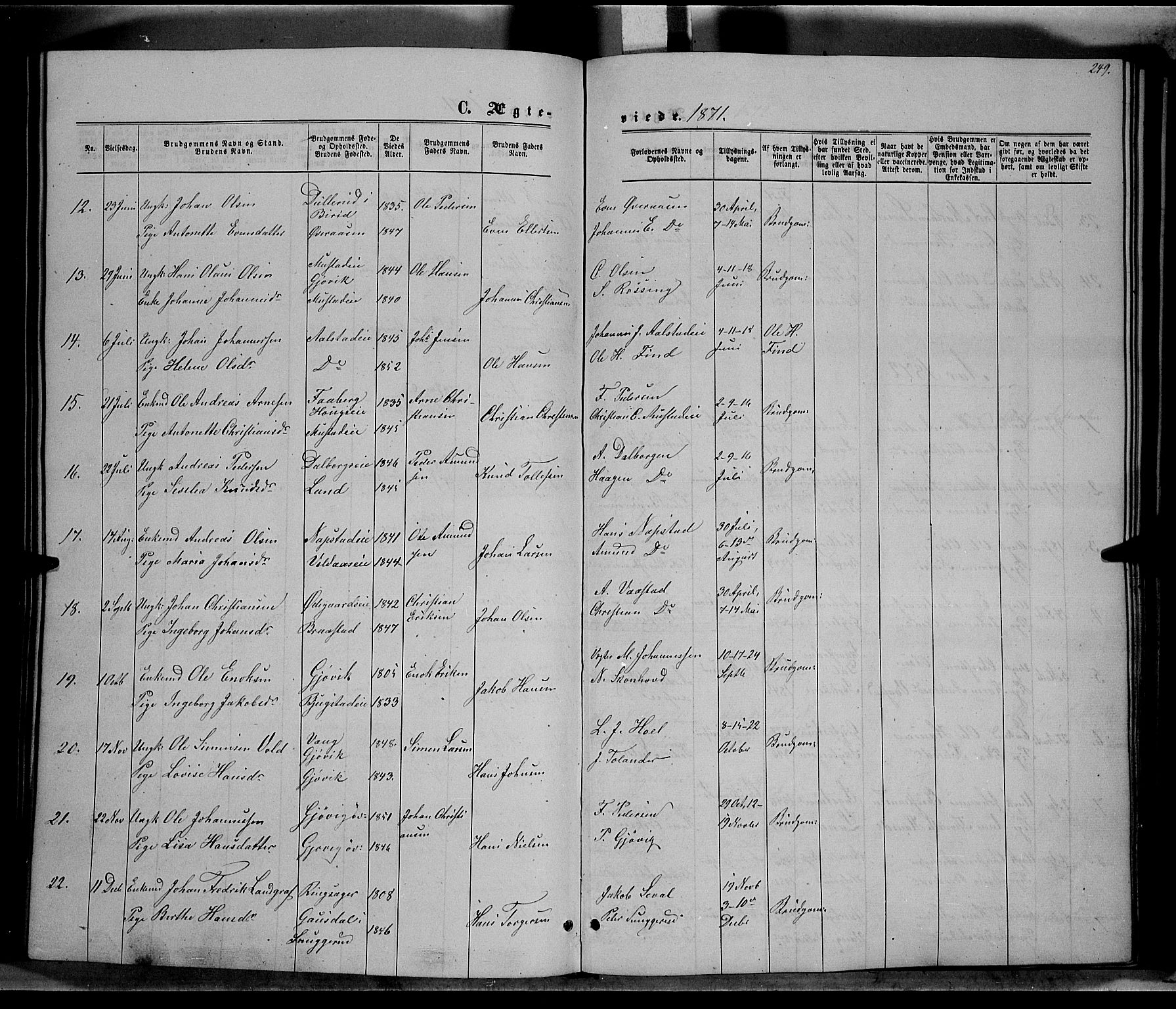 Vardal prestekontor, SAH/PREST-100/H/Ha/Hab/L0006: Parish register (copy) no. 6, 1869-1881, p. 249