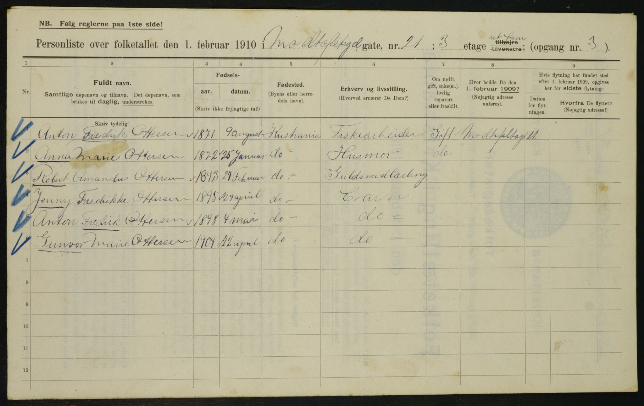 OBA, Municipal Census 1910 for Kristiania, 1910, p. 64151