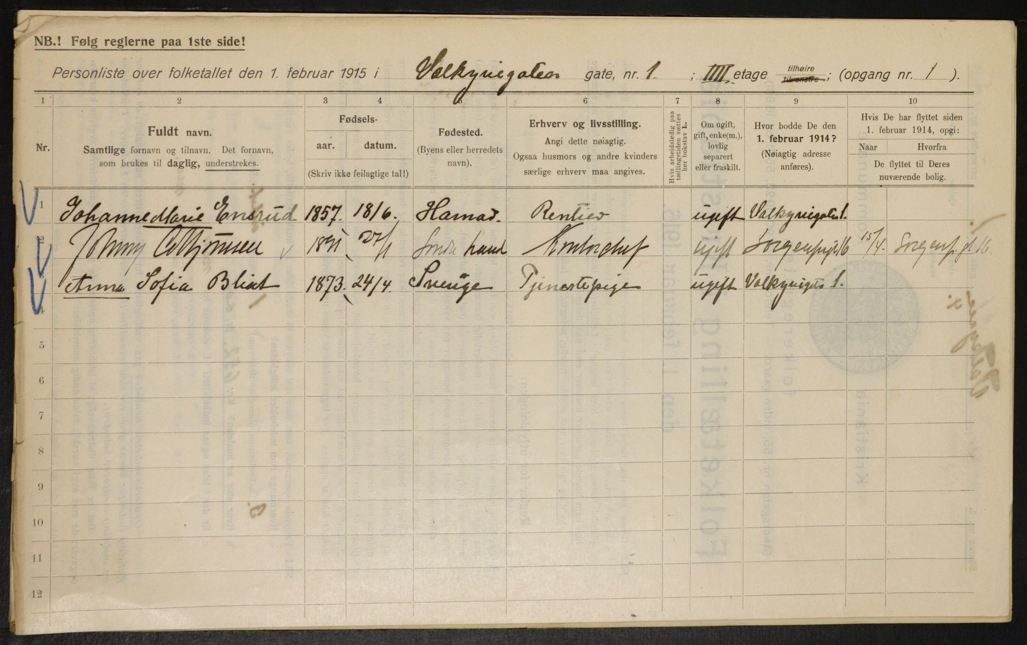 OBA, Municipal Census 1915 for Kristiania, 1915, p. 122275