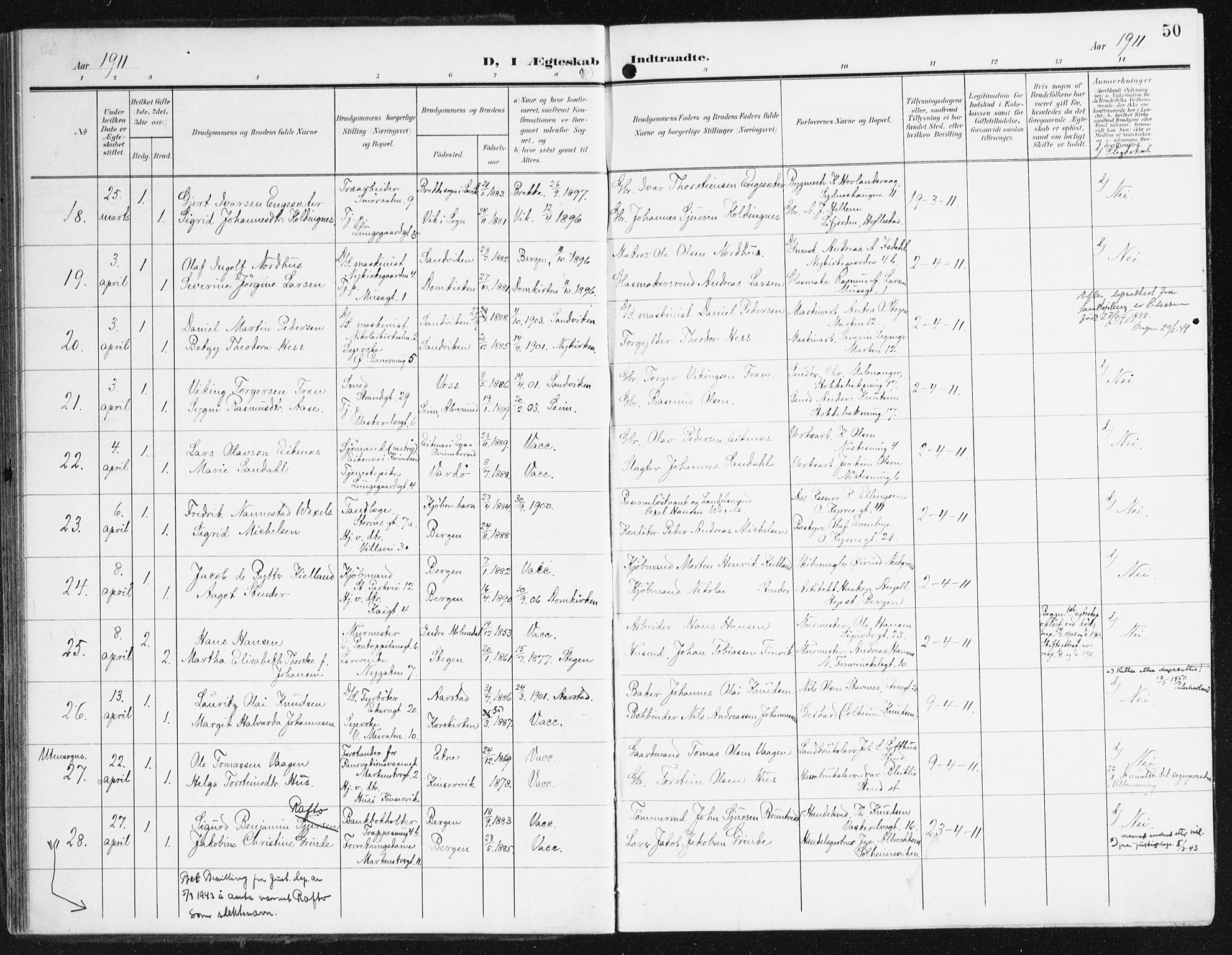 Domkirken sokneprestembete, SAB/A-74801/H/Haa/L0038: Parish register (official) no. D 5, 1906-1921, p. 50