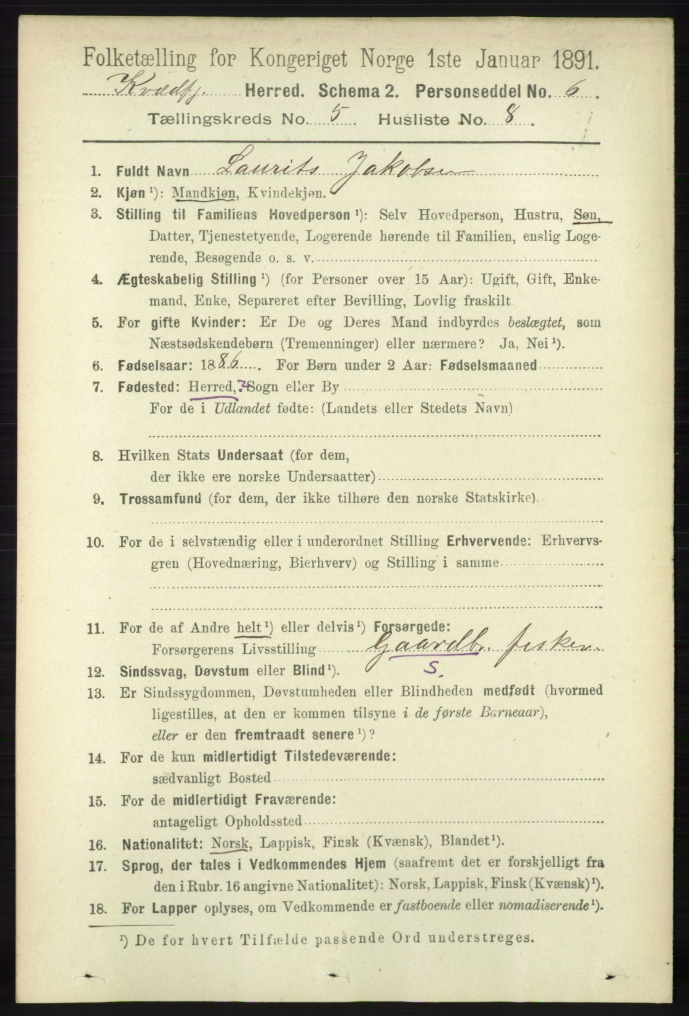 RA, 1891 census for 1911 Kvæfjord, 1891, p. 2913