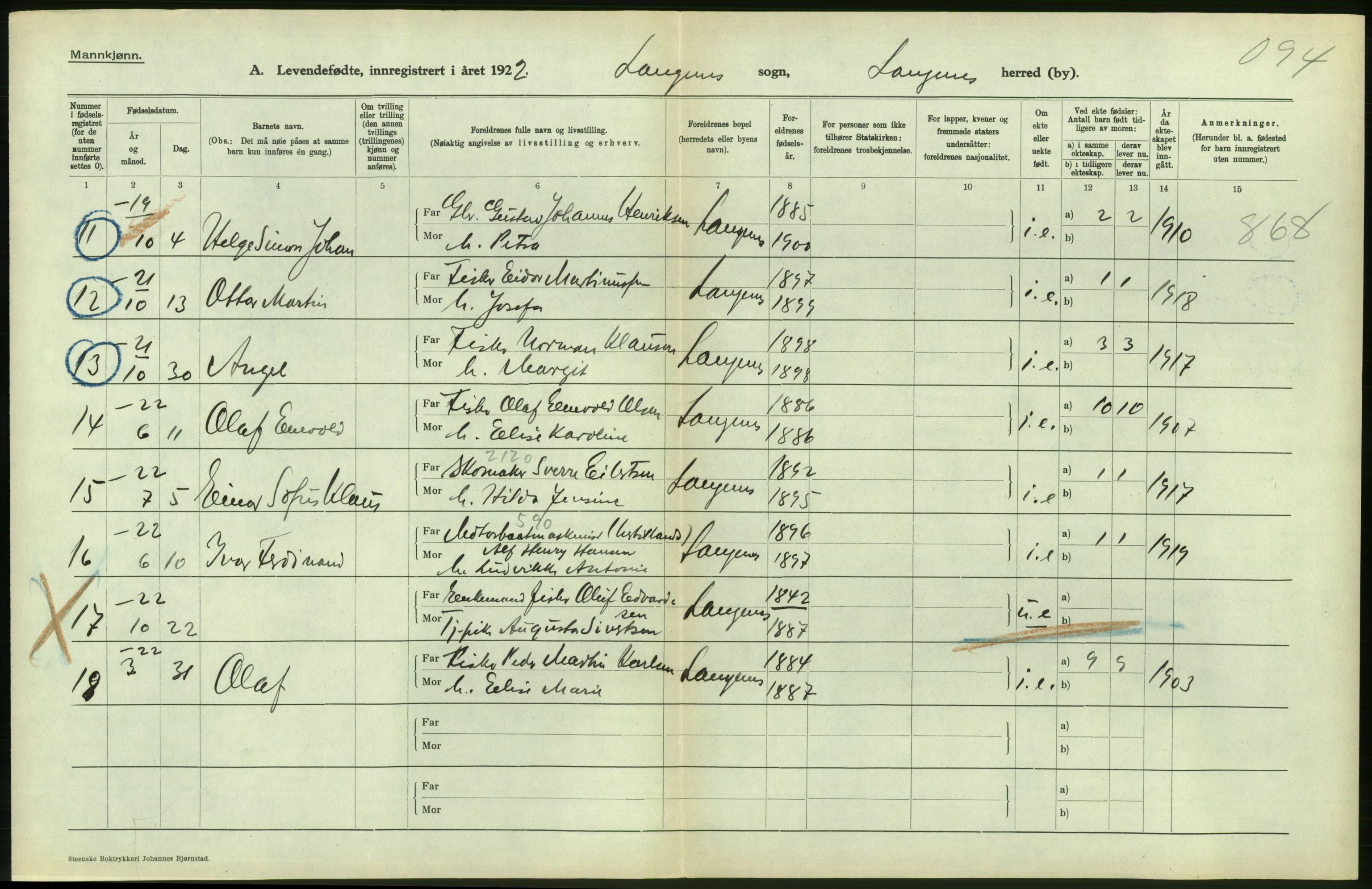 Statistisk sentralbyrå, Sosiodemografiske emner, Befolkning, AV/RA-S-2228/D/Df/Dfc/Dfcb/L0044: Nordland fylke: Levendefødte menn og kvinner. Bygder og byer., 1922, p. 438