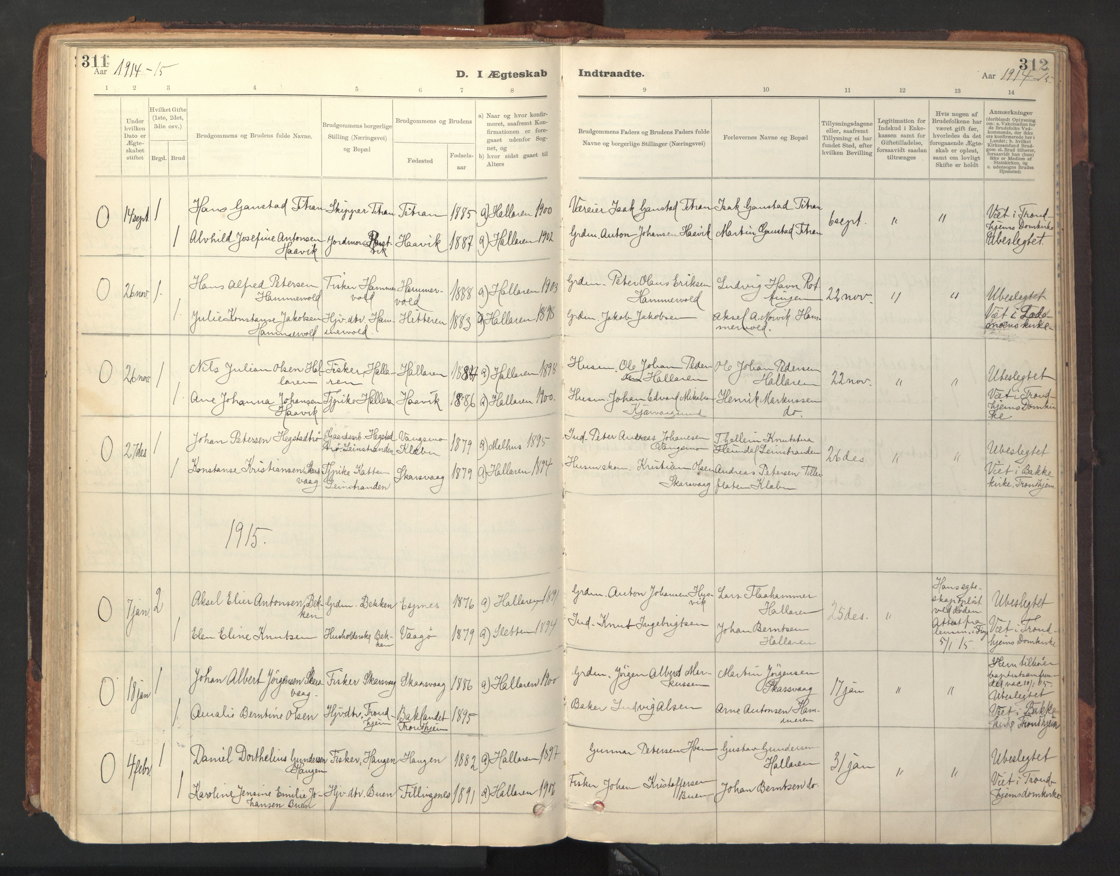 Ministerialprotokoller, klokkerbøker og fødselsregistre - Sør-Trøndelag, SAT/A-1456/641/L0596: Parish register (official) no. 641A02, 1898-1915, p. 311-312