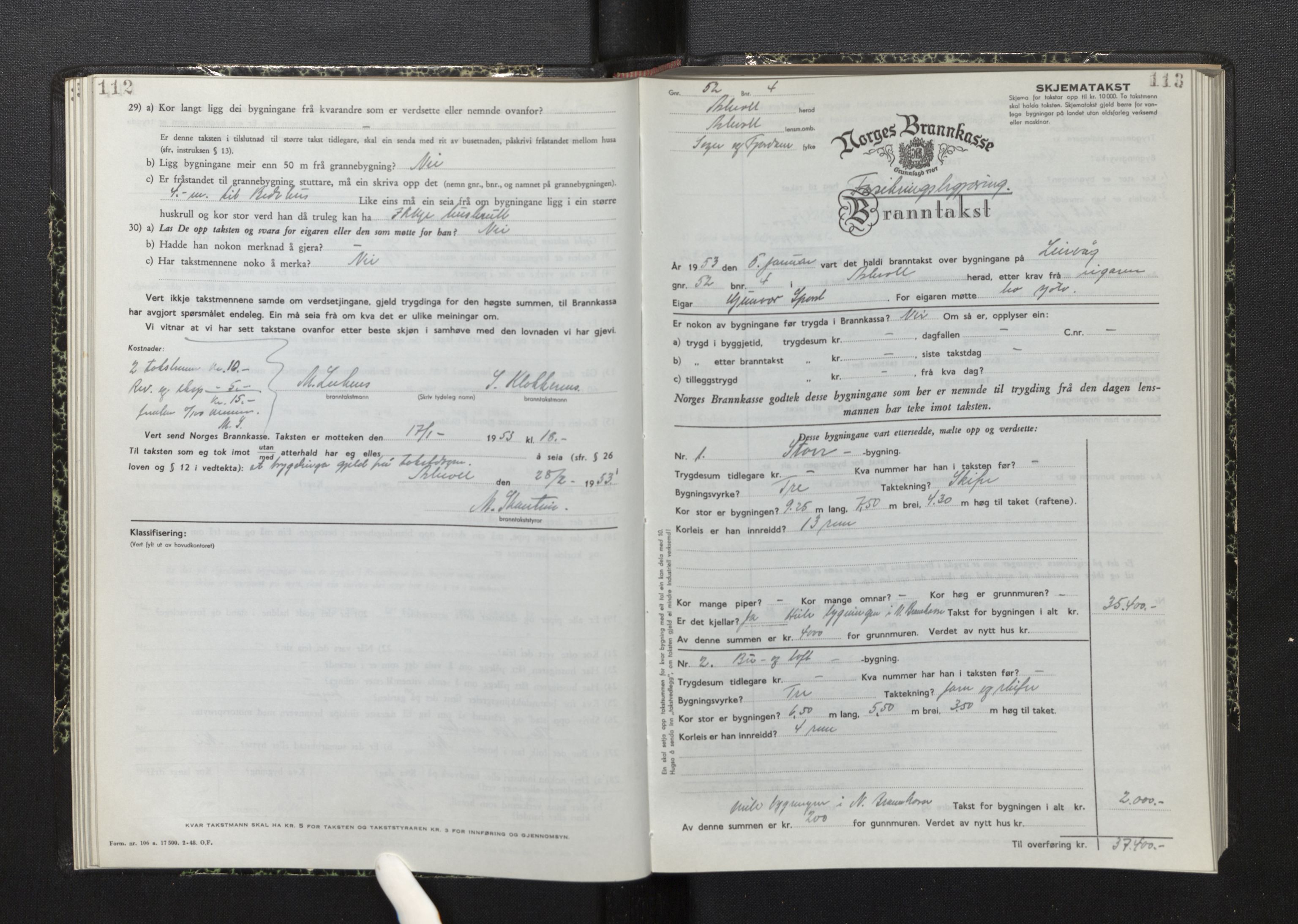 Lensmannen i Askvoll, AV/SAB-A-26301/0012/L0006: Branntakstprotokoll, skjematakst, 1950-1955, p. 112-113