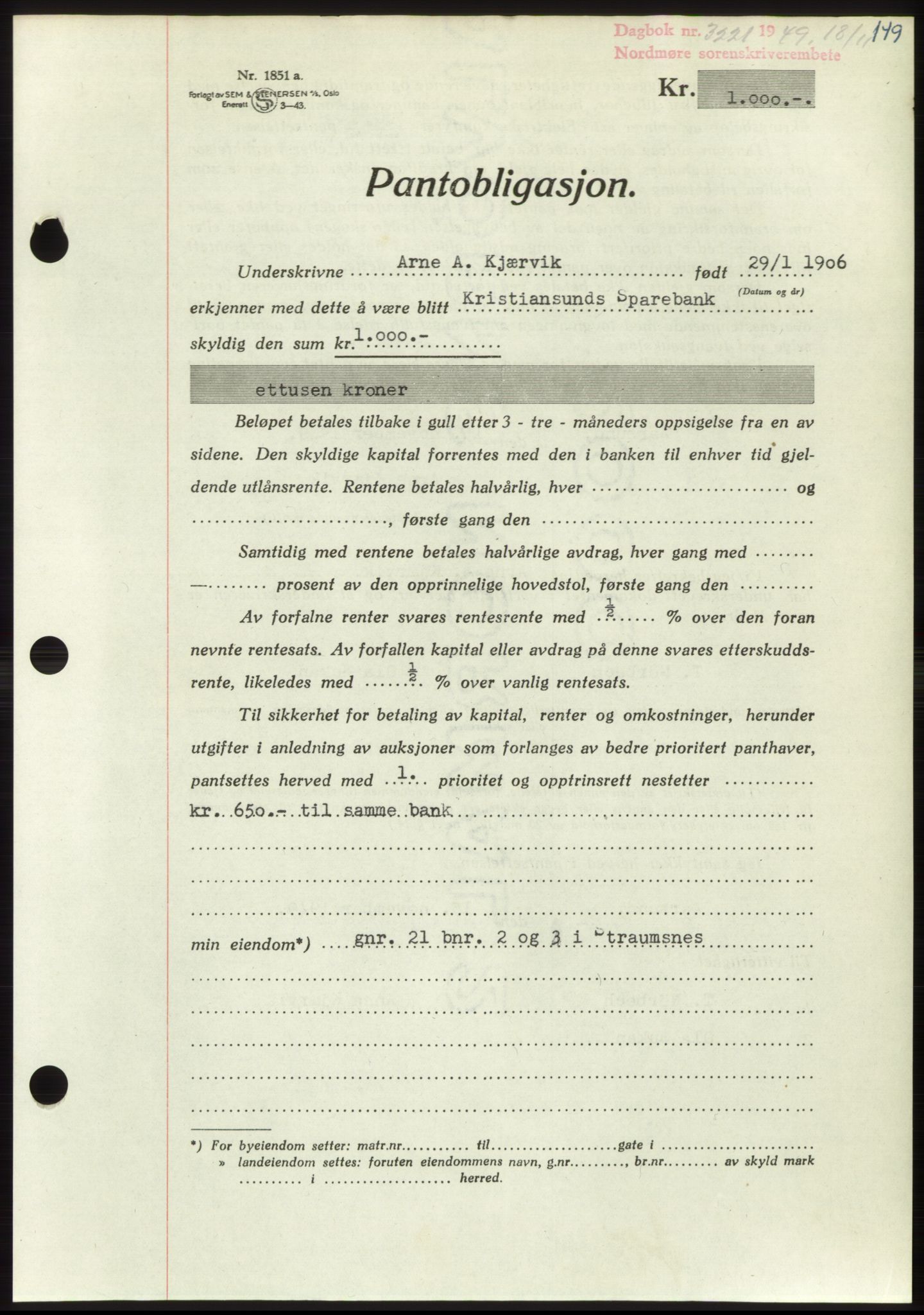 Nordmøre sorenskriveri, AV/SAT-A-4132/1/2/2Ca: Mortgage book no. B103, 1949-1950, Diary no: : 3221/1949