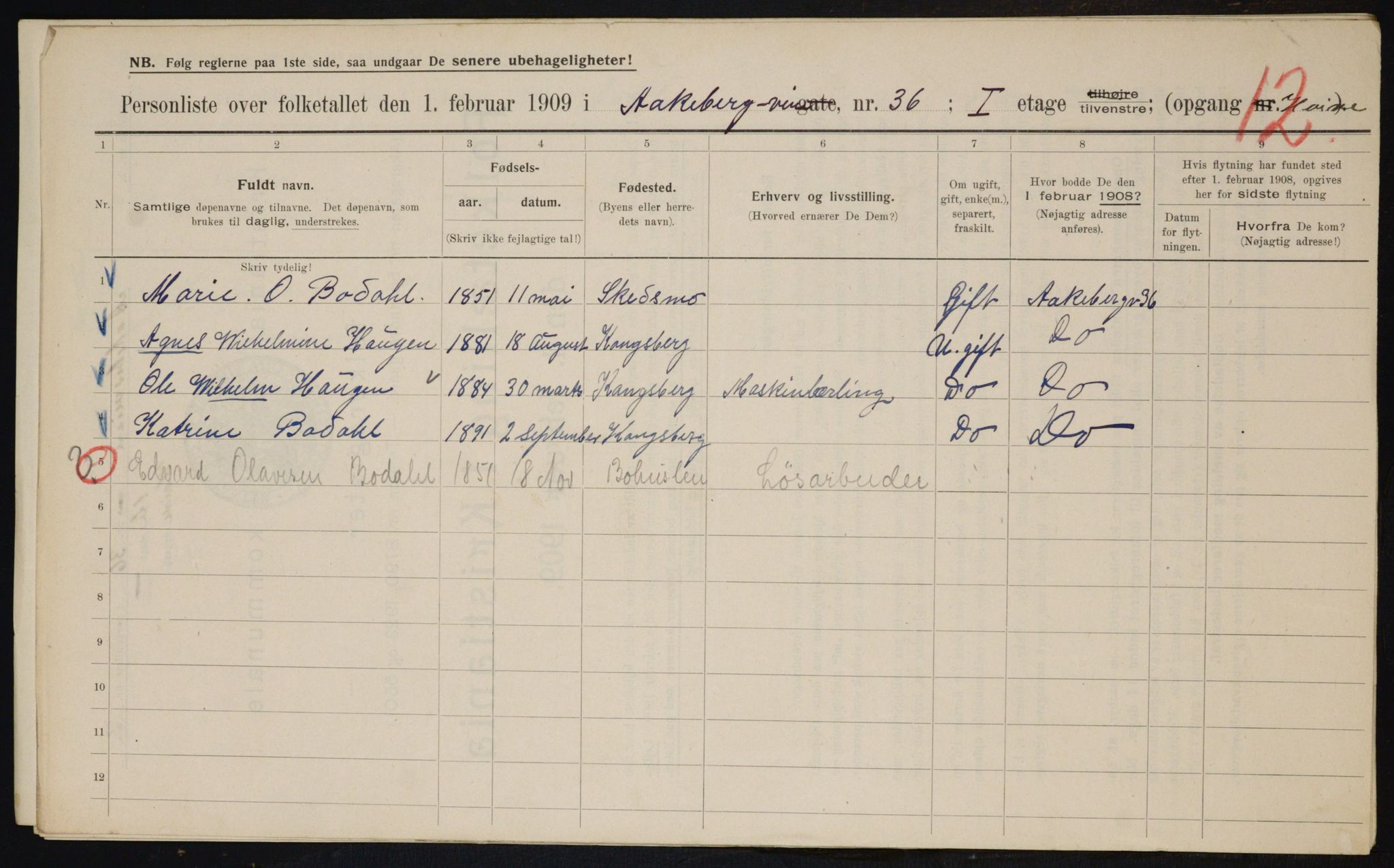 OBA, Municipal Census 1909 for Kristiania, 1909, p. 118521