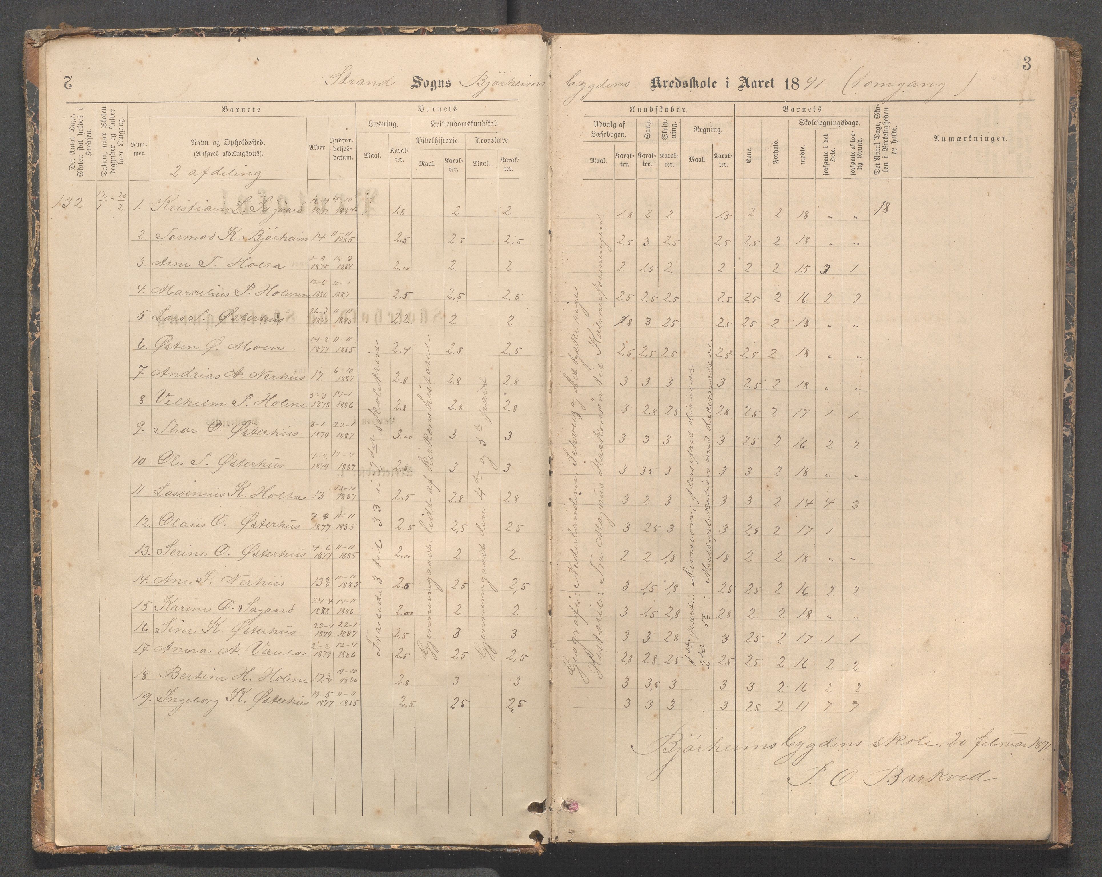 Strand kommune - Bjørheimsbygd skole, IKAR/A-147/H/L0002: Skoleprotokoll for Bjørheimsbygd og Lekvam krets, 1891-1907, p. 2-3