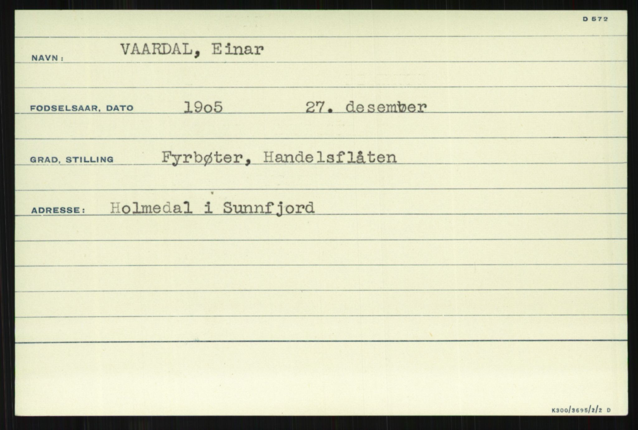 Direktoratet for sjømenn, AV/RA-S-3545/G/Gi/L0009: Kartotek over krigsdekorasjoner tildelt nordmenn under krigen, 1940-1945, p. 1143