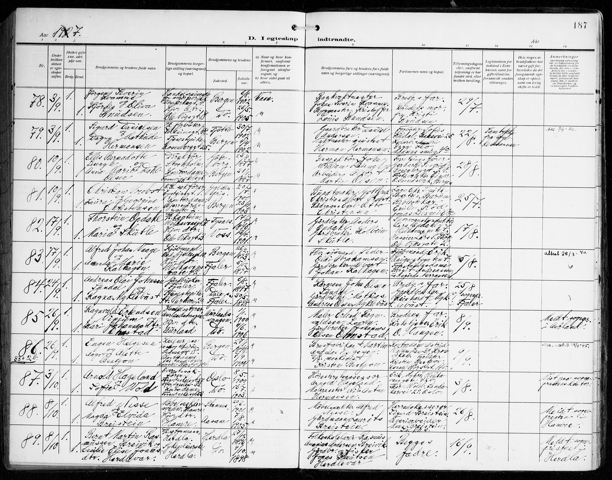 Johanneskirken sokneprestembete, AV/SAB-A-76001/H/Haa/L0013: Parish register (official) no. D 2, 1912-1929, p. 187