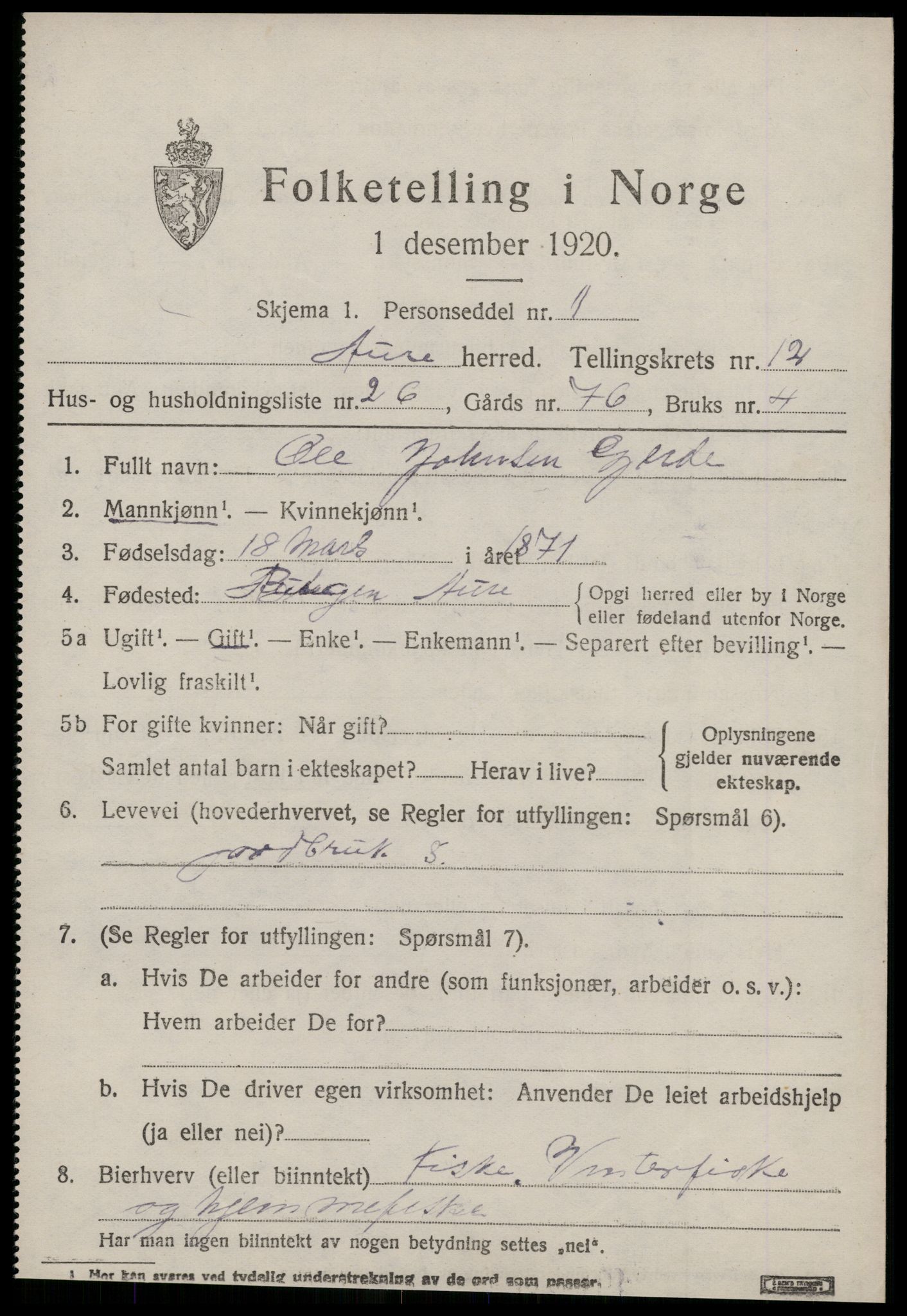 SAT, 1920 census for Aure, 1920, p. 4826