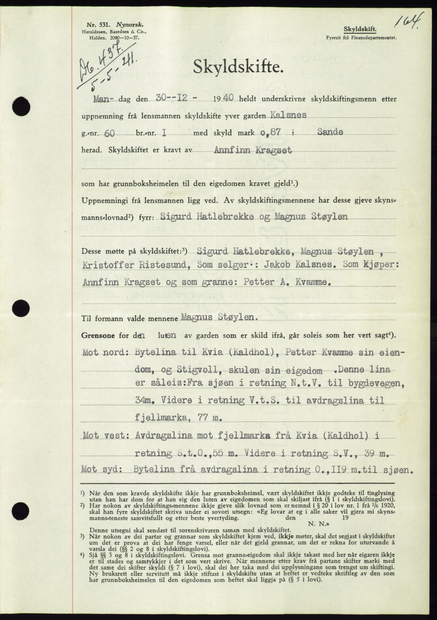 Søre Sunnmøre sorenskriveri, AV/SAT-A-4122/1/2/2C/L0071: Mortgage book no. 65, 1941-1941, Diary no: : 437/1941
