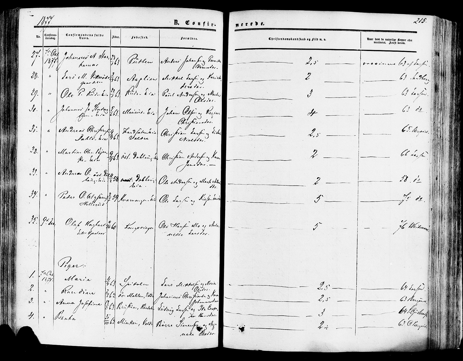 Vang prestekontor, Hedmark, AV/SAH-PREST-008/H/Ha/Haa/L0013: Parish register (official) no. 13, 1855-1879, p. 215