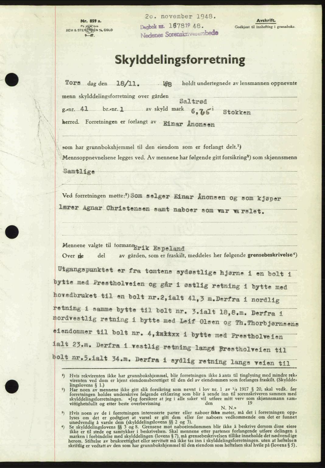 Nedenes sorenskriveri, AV/SAK-1221-0006/G/Gb/Gba/L0060: Mortgage book no. A12, 1948-1949, Diary no: : 1678/1948