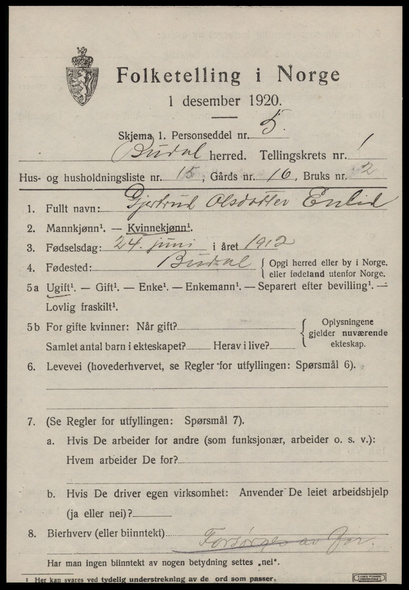 SAT, 1920 census for Budal, 1920, p. 386