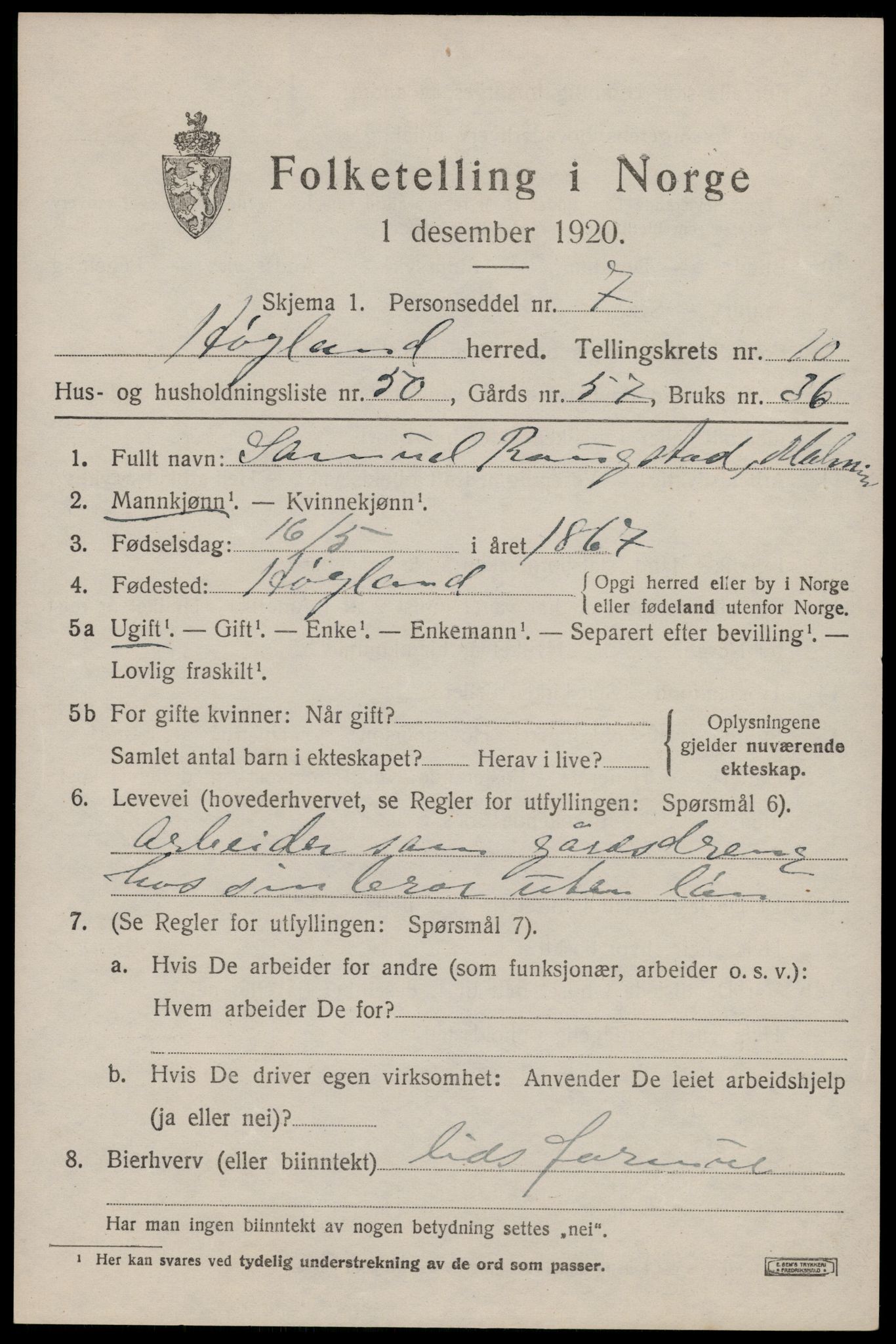 SAST, 1920 census for Høyland, 1920, p. 7820