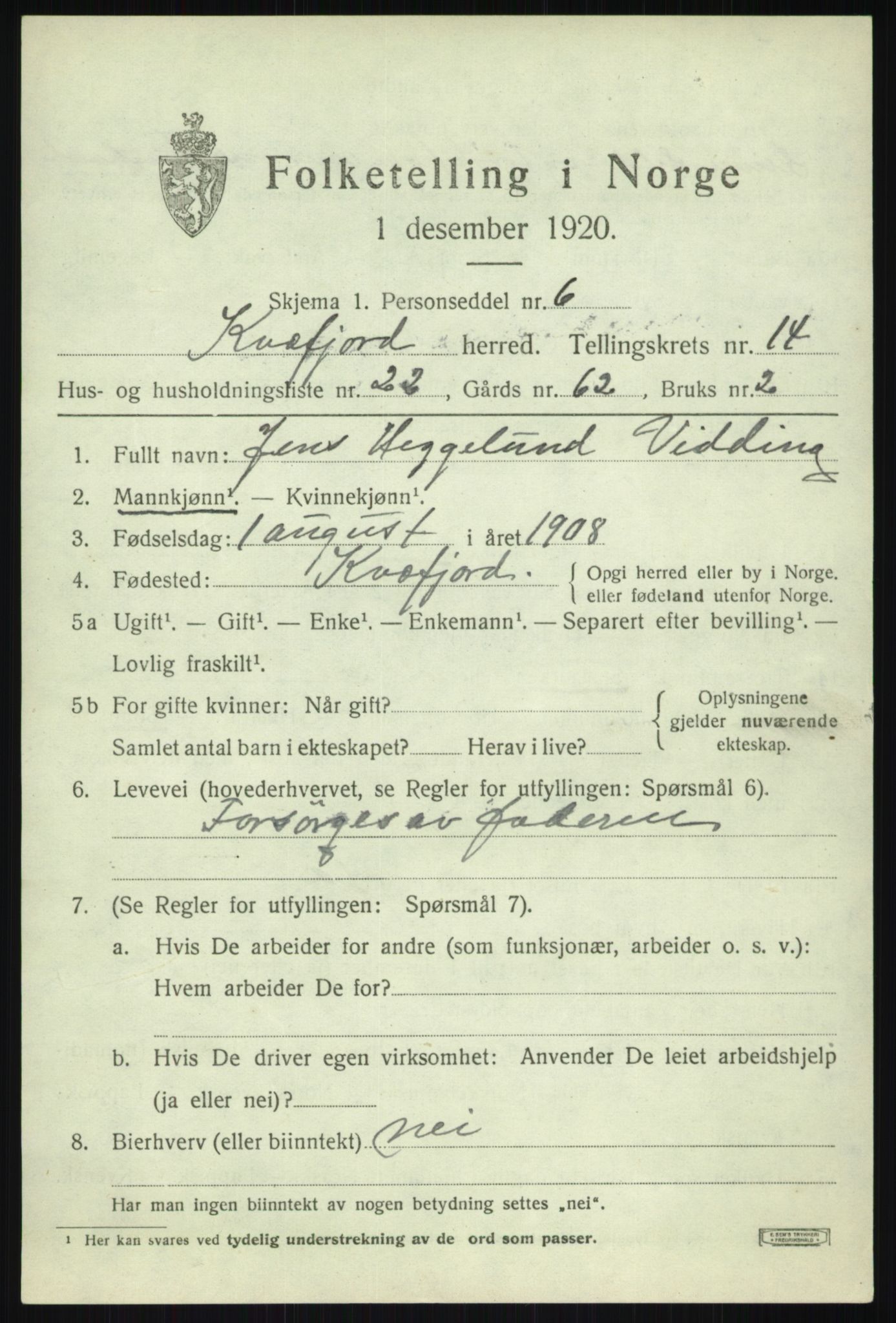 SATØ, 1920 census for Kvæfjord, 1920, p. 6907