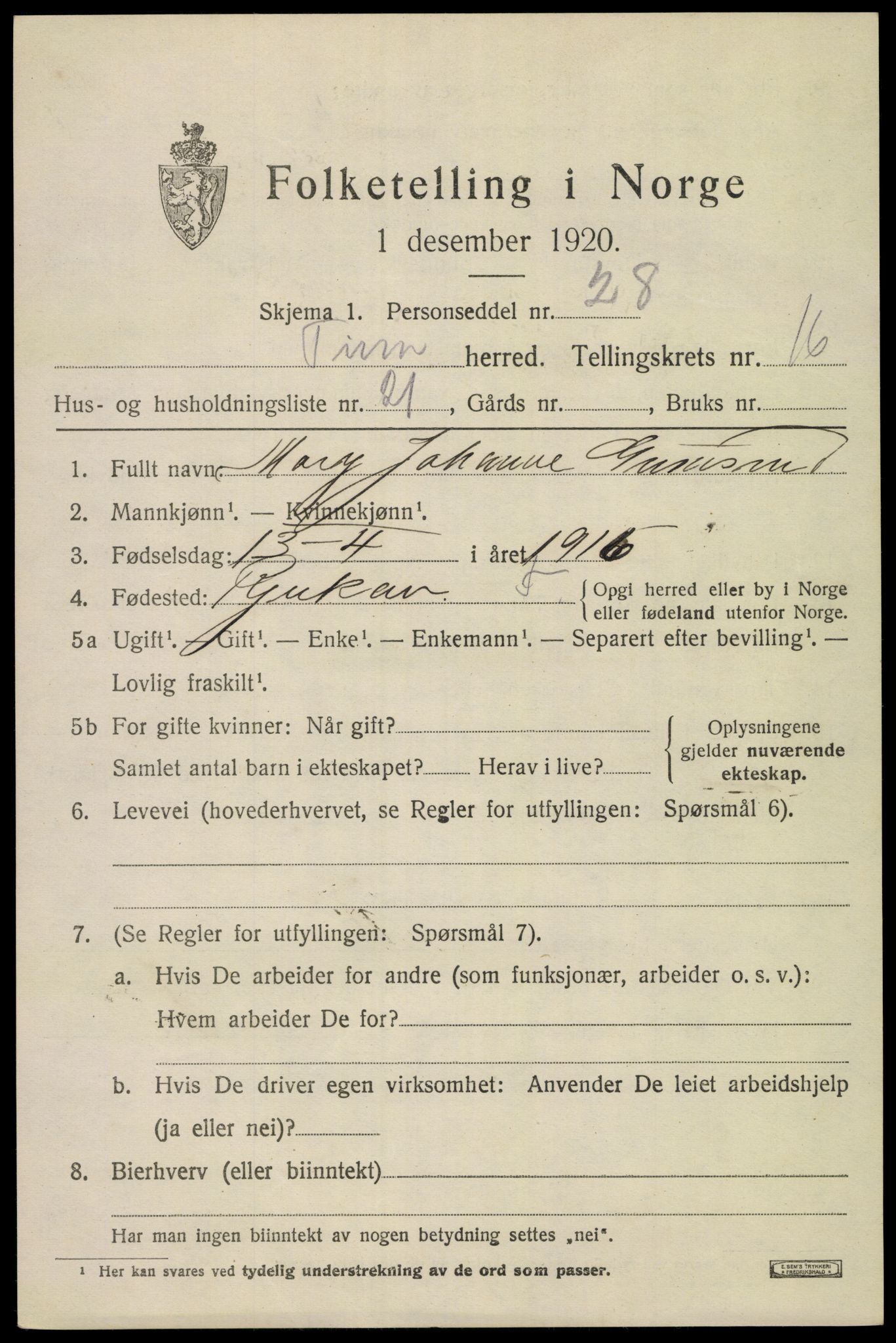 SAKO, 1920 census for Tinn, 1920, p. 16720