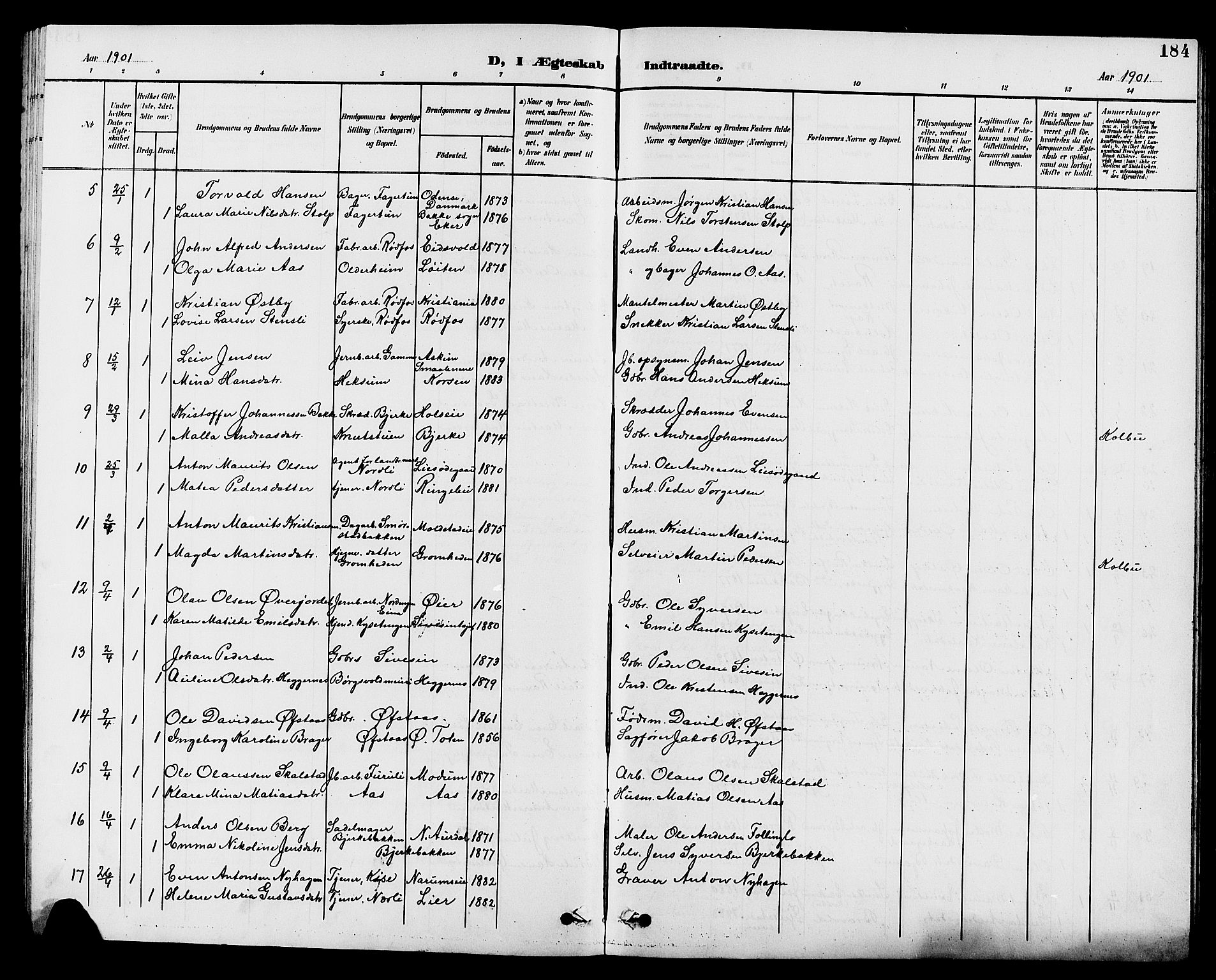 Vestre Toten prestekontor, SAH/PREST-108/H/Ha/Hab/L0010: Parish register (copy) no. 10, 1900-1912, p. 184