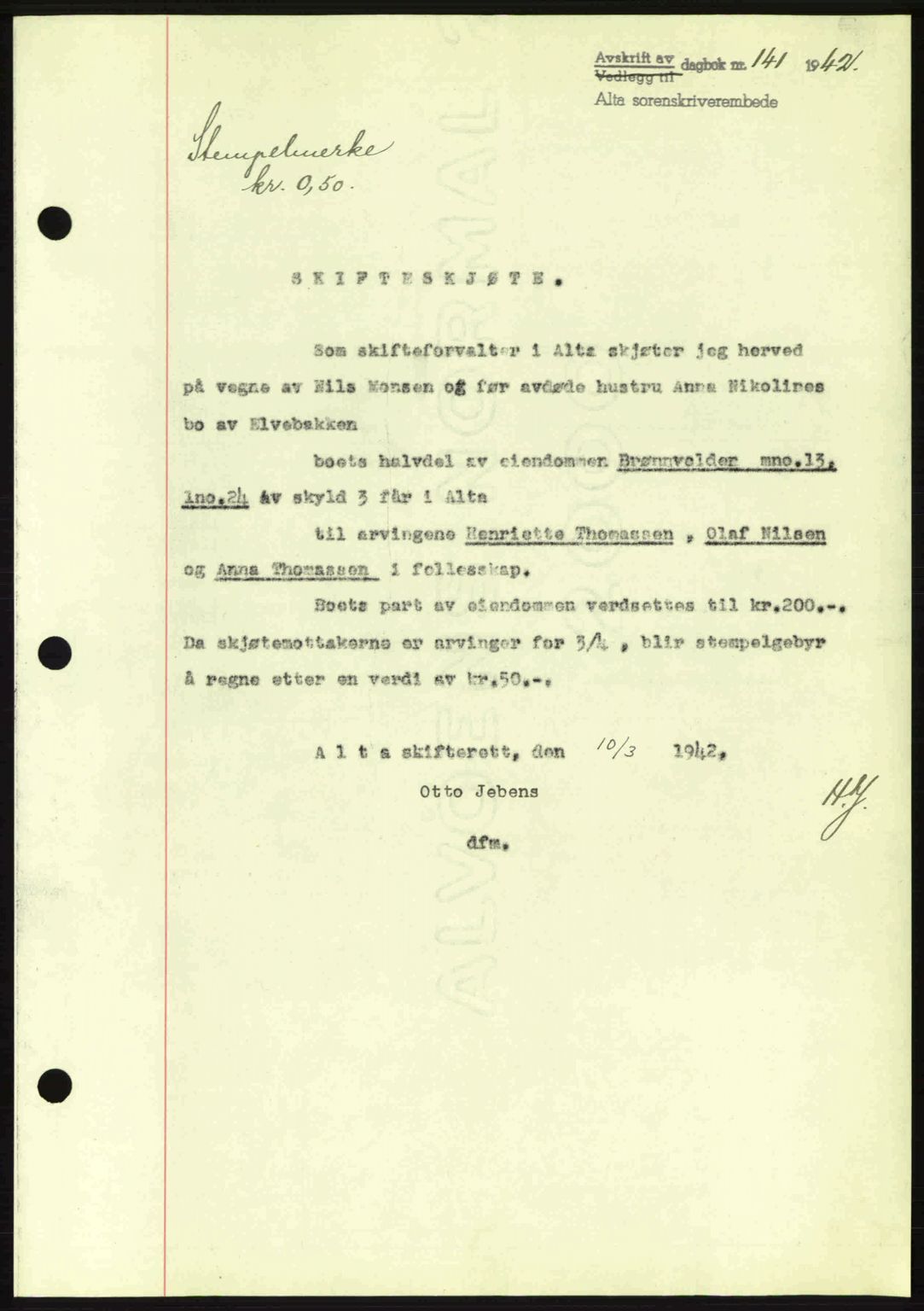 Alta fogderi/sorenskriveri, SATØ/SATØ-5/1/K/Kd/L0033pantebok: Mortgage book no. 33, 1940-1943, Diary no: : 141/1942