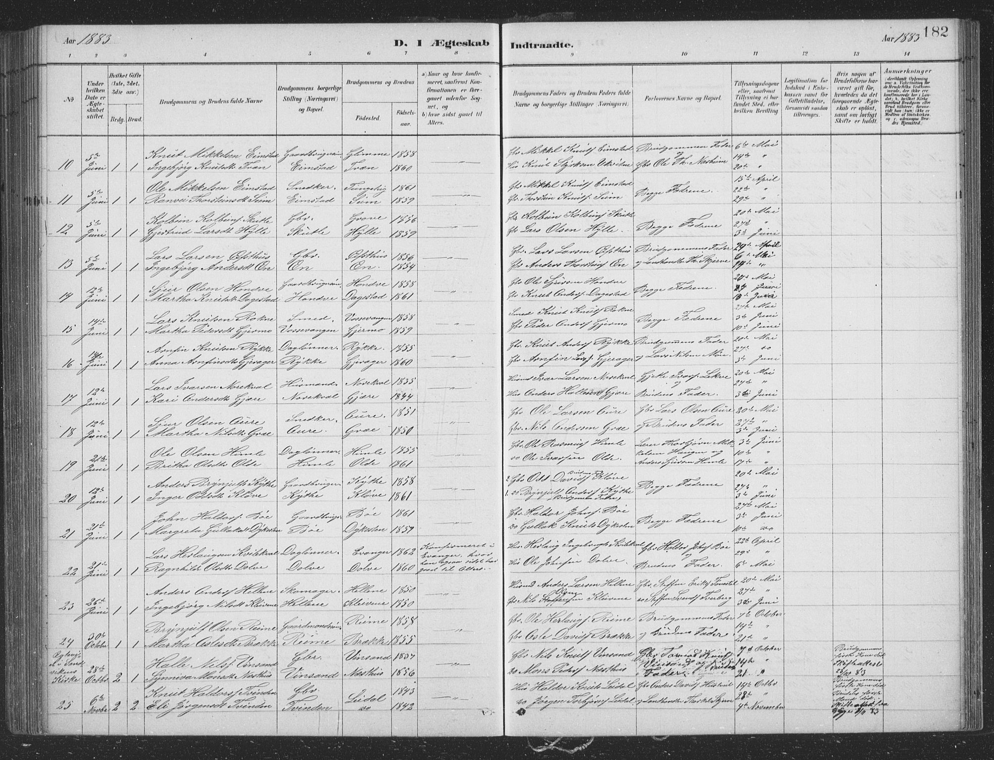 Voss sokneprestembete, AV/SAB-A-79001/H/Hab: Parish register (copy) no. B 3, 1879-1894, p. 182