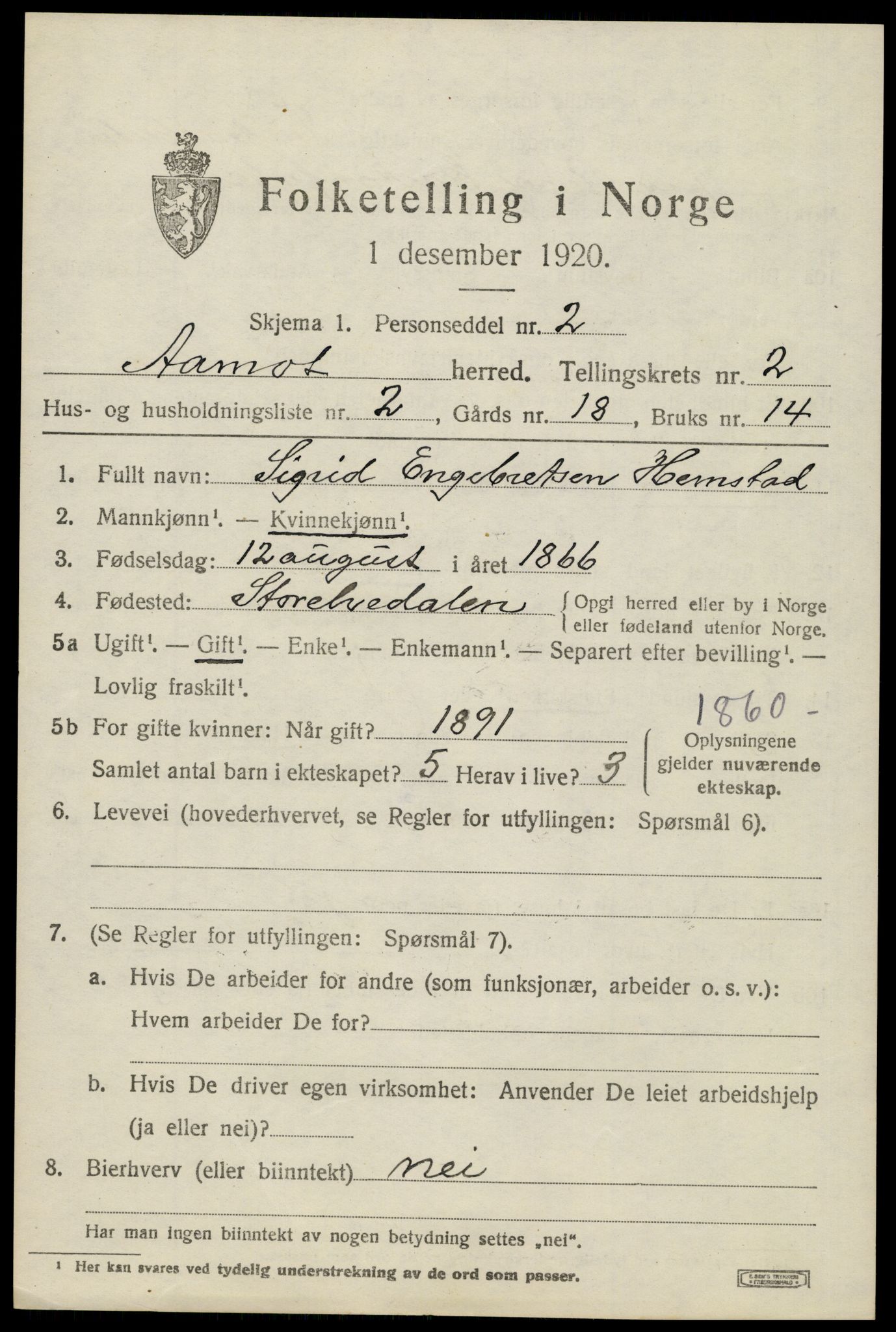 SAH, 1920 census for Åmot, 1920, p. 2081