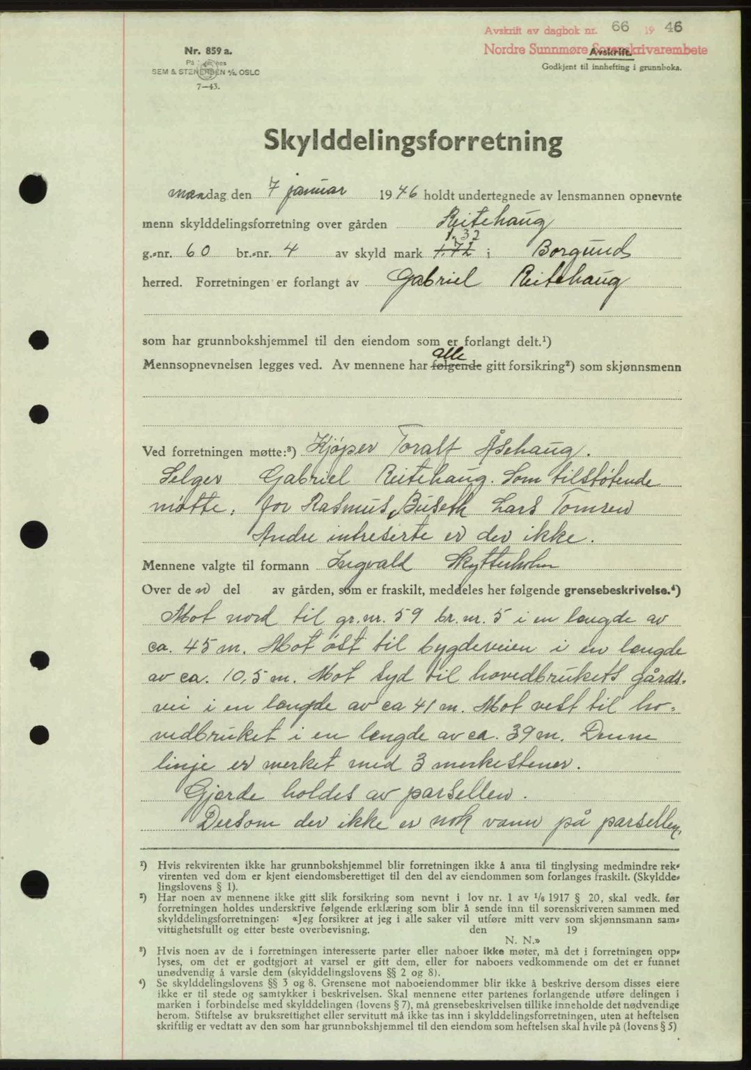 Nordre Sunnmøre sorenskriveri, AV/SAT-A-0006/1/2/2C/2Ca: Mortgage book no. A20b, 1946-1946, Diary no: : 66/1946