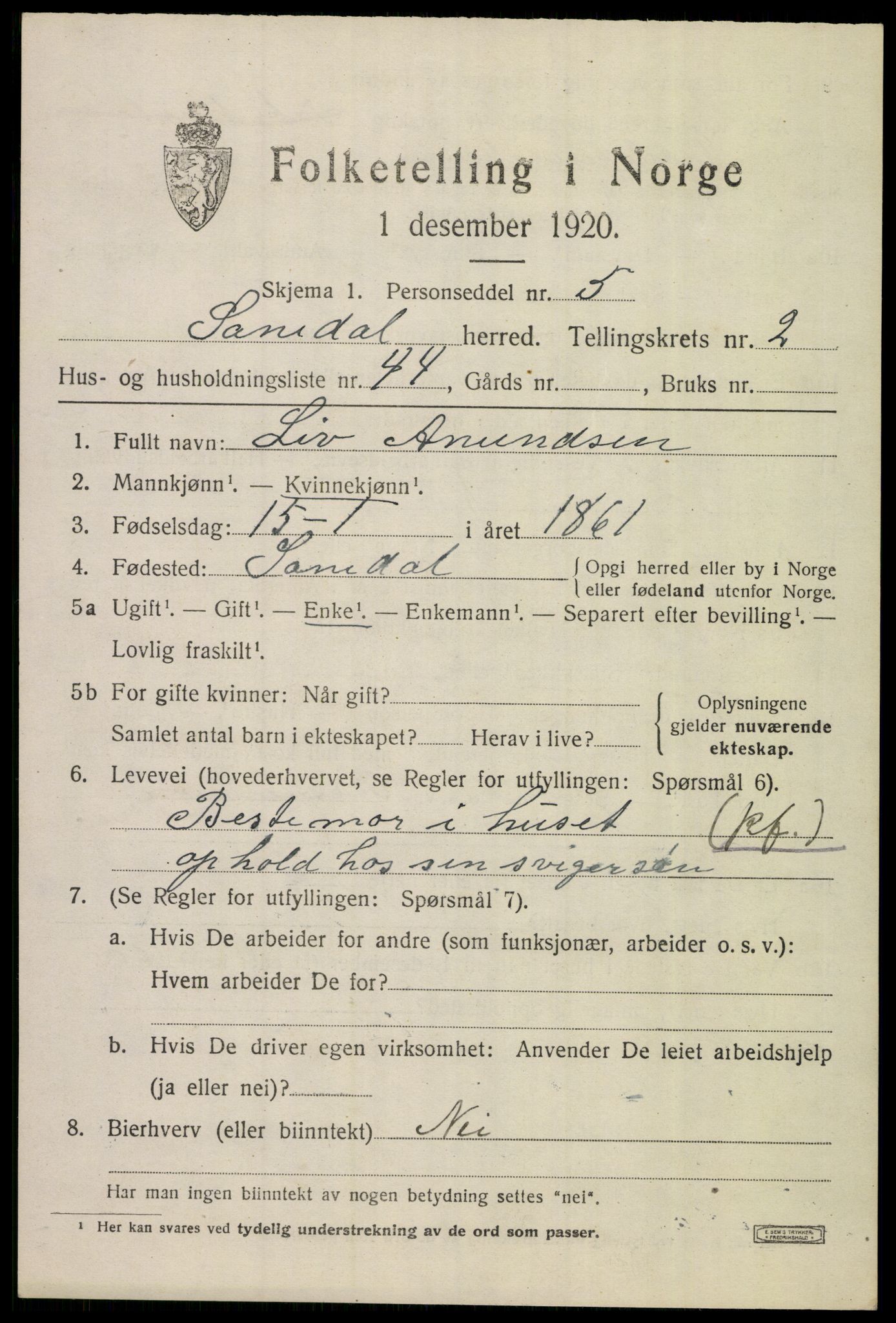 SAKO, 1920 census for Sannidal, 1920, p. 2165