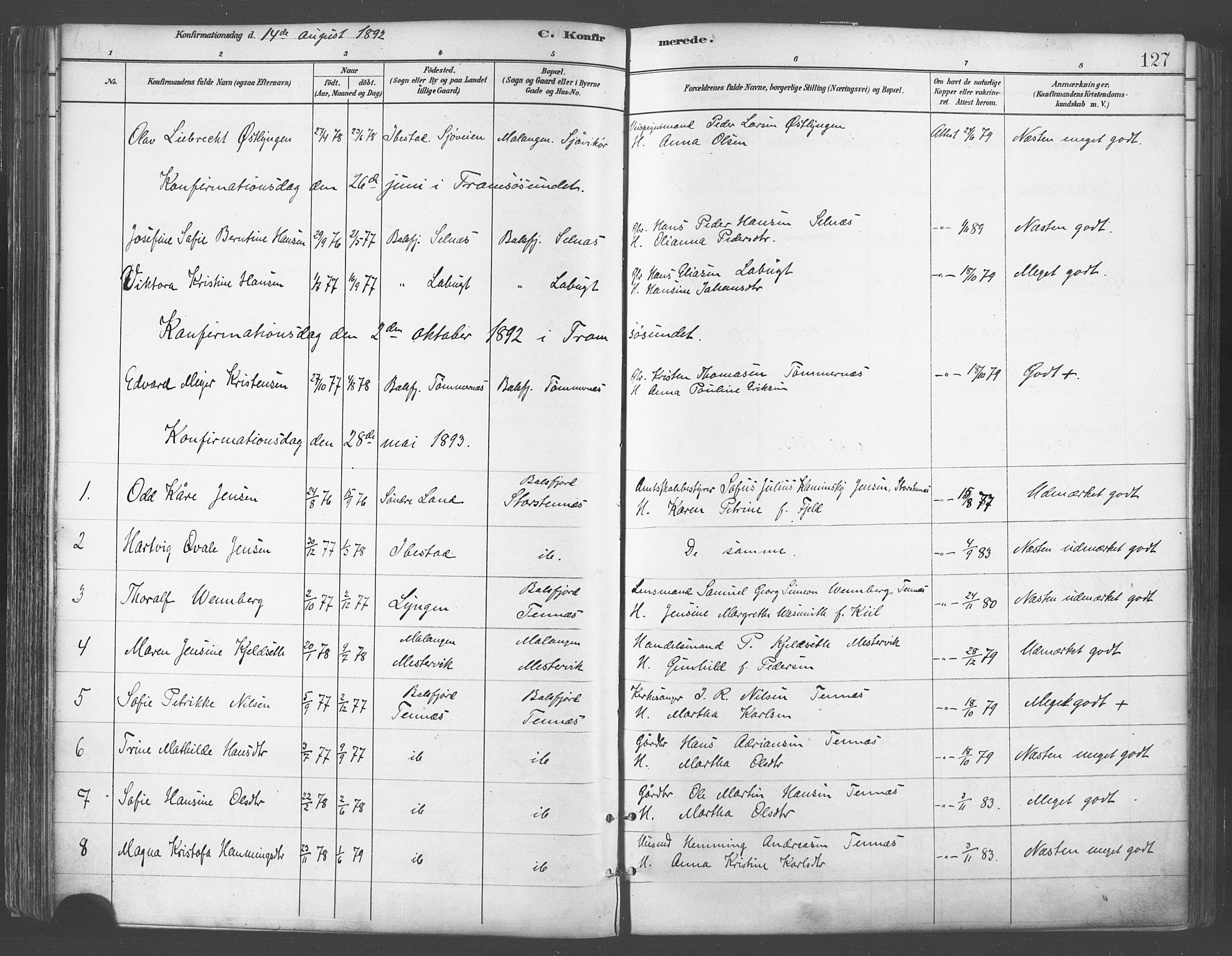Balsfjord sokneprestembete, SATØ/S-1303/G/Ga/L0005kirke: Parish register (official) no. 5, 1884-1897, p. 127