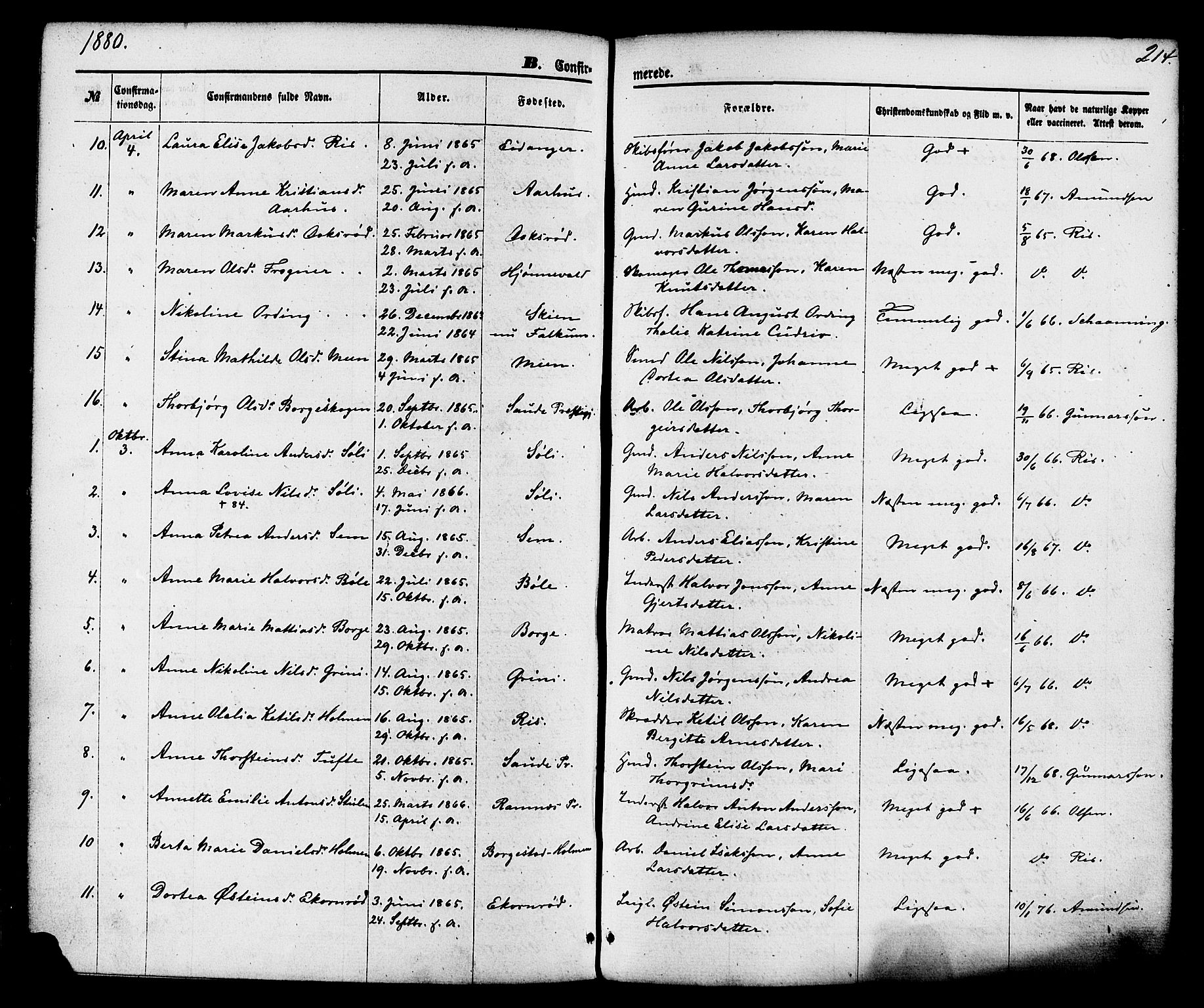 Gjerpen kirkebøker, SAKO/A-265/F/Fa/L0009: Parish register (official) no. I 9, 1872-1885, p. 214