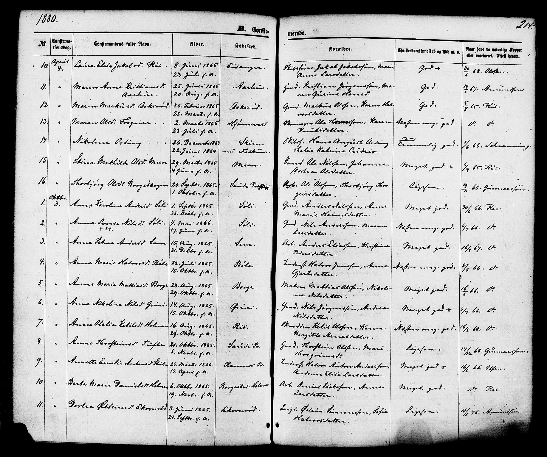 Gjerpen kirkebøker, AV/SAKO-A-265/F/Fa/L0009: Parish register (official) no. I 9, 1872-1885, p. 214