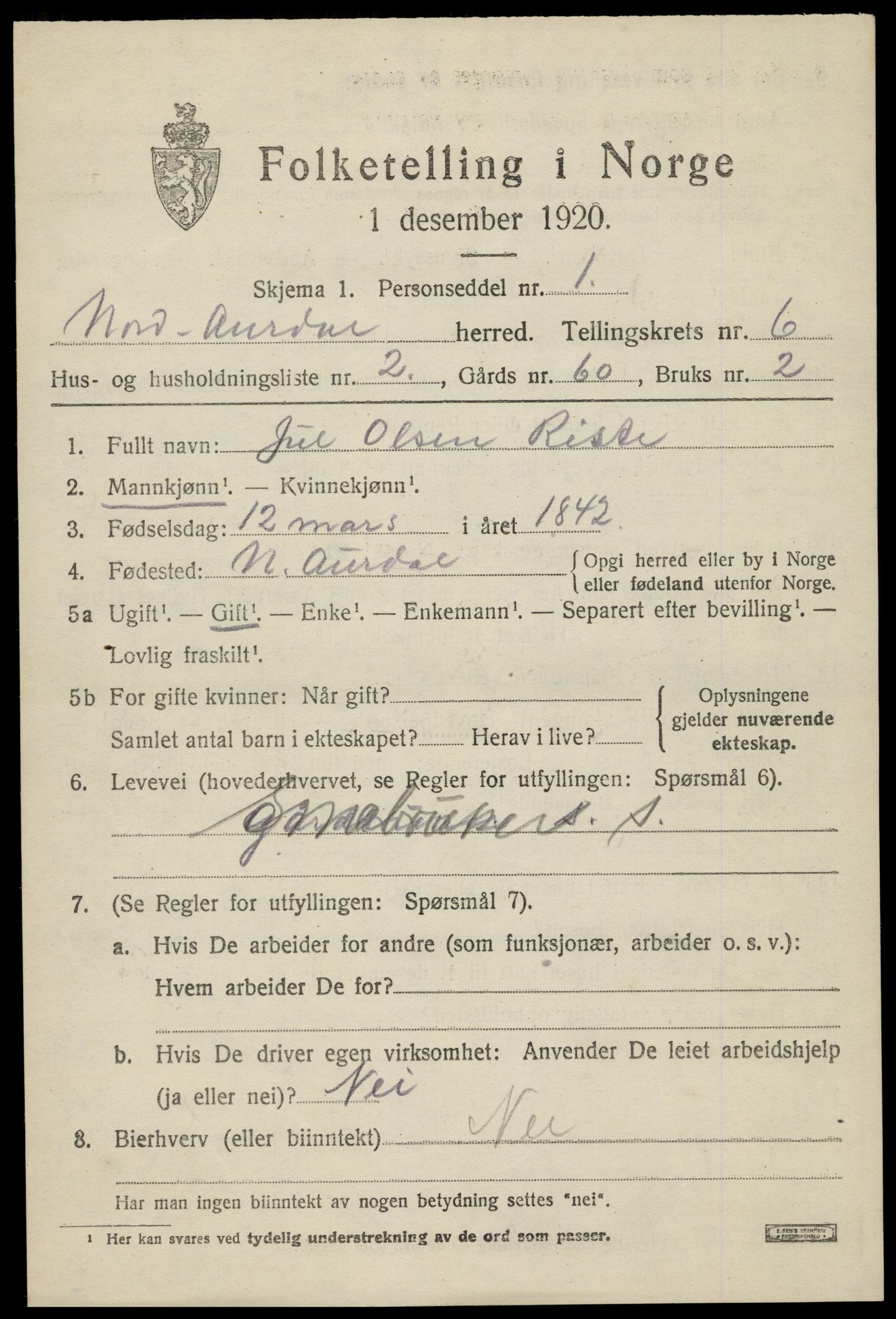 SAH, 1920 census for Nord-Aurdal, 1920, p. 5554