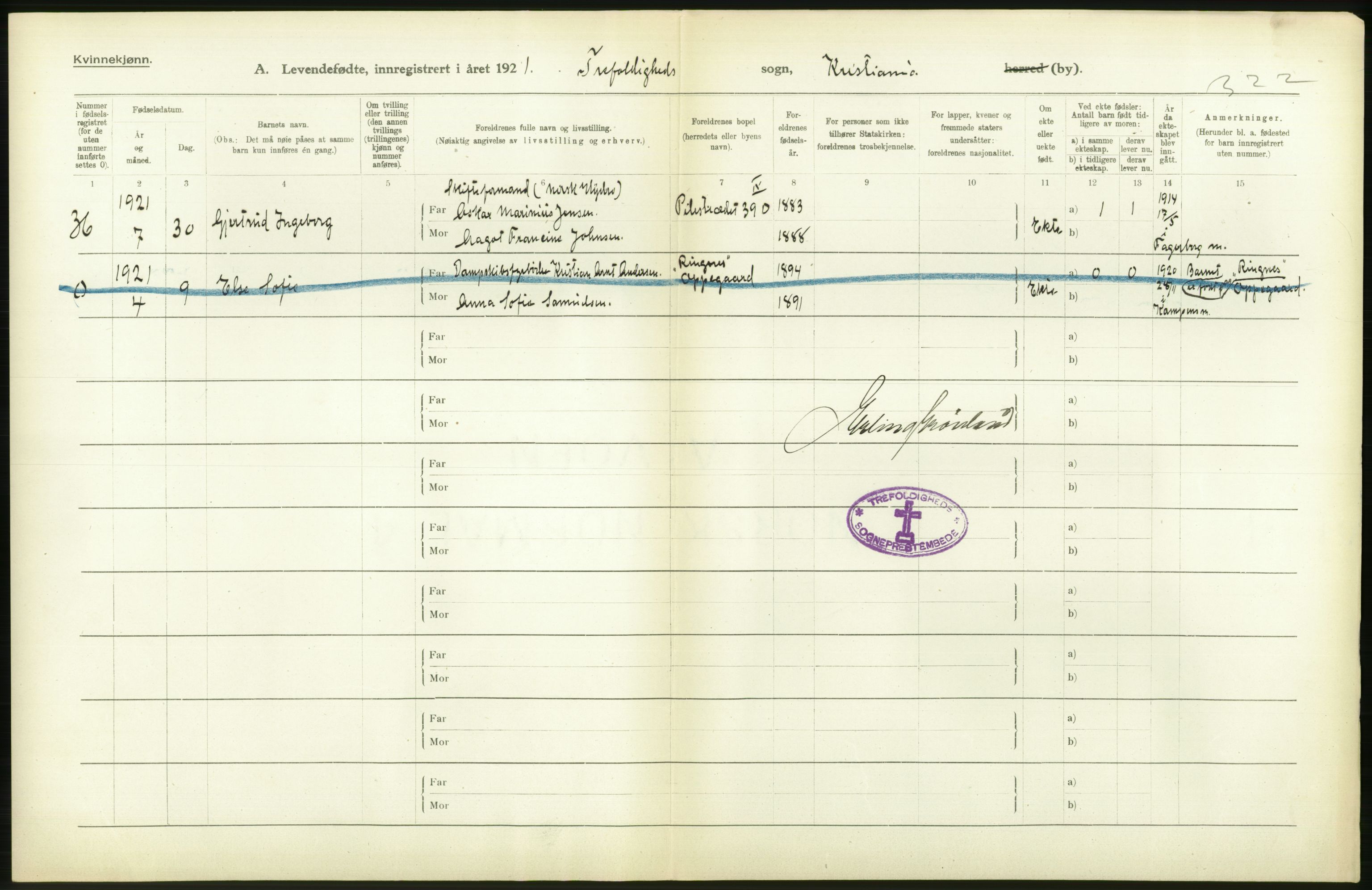 Statistisk sentralbyrå, Sosiodemografiske emner, Befolkning, AV/RA-S-2228/D/Df/Dfc/Dfca/L0009: Kristiania: Levendefødte menn og kvinner., 1921, p. 464