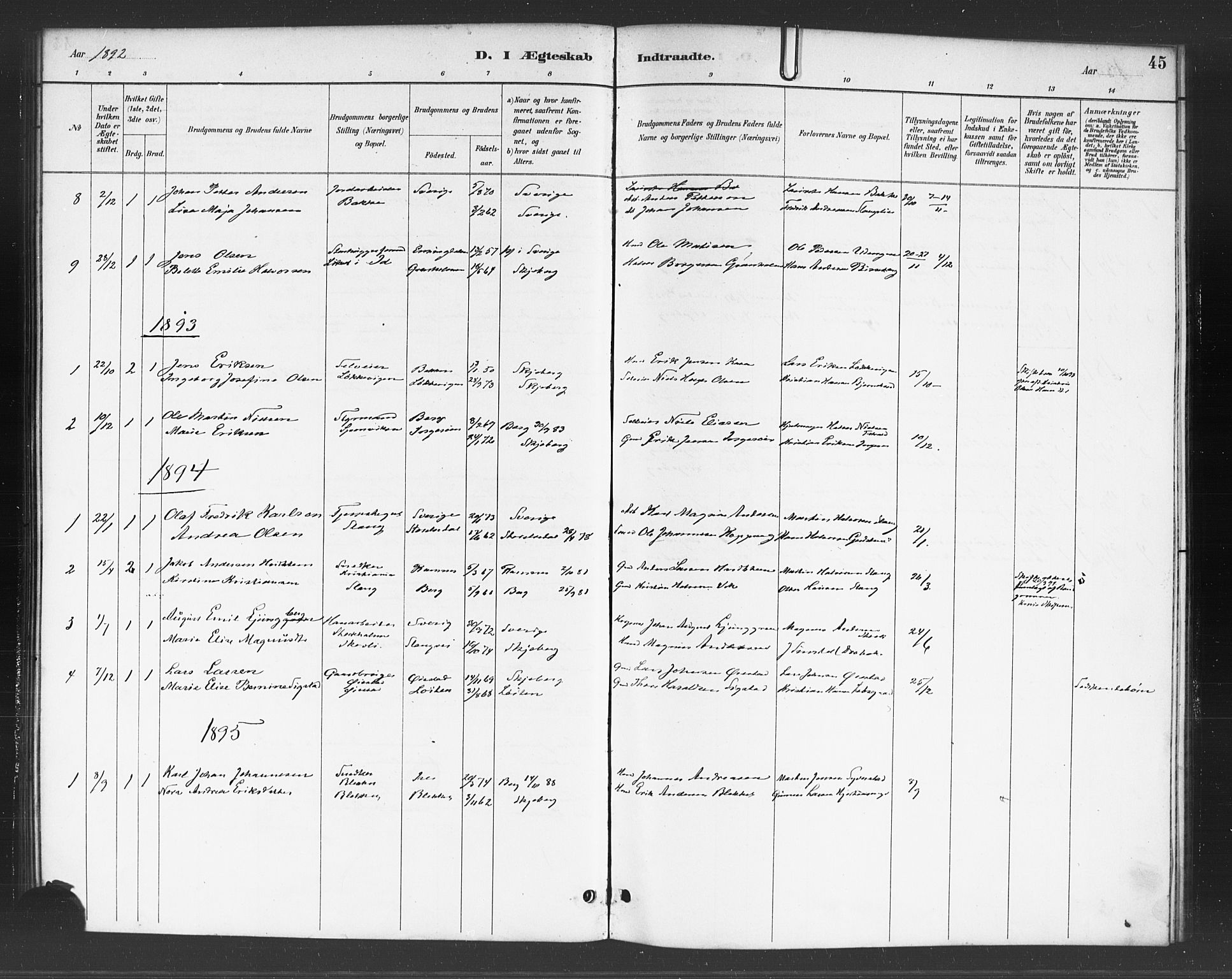 Skjeberg prestekontor Kirkebøker, SAO/A-10923/F/Fc/L0001: Parish register (official) no. III 1, 1886-1897, p. 45