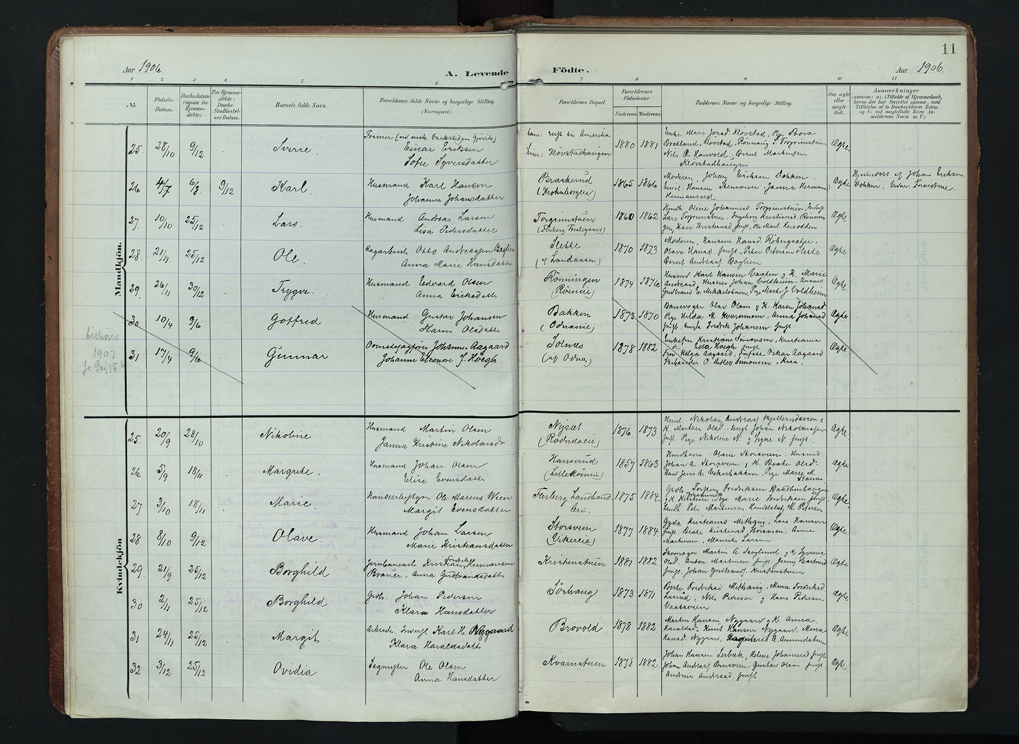 Søndre Land prestekontor, AV/SAH-PREST-122/K/L0005: Parish register (official) no. 5, 1905-1914, p. 11