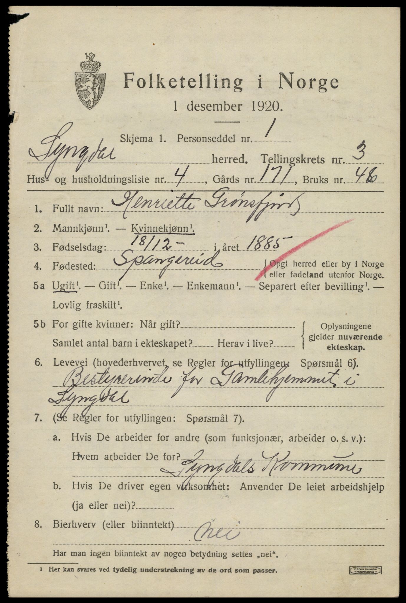 SAK, 1920 census for Lyngdal, 1920, p. 1945