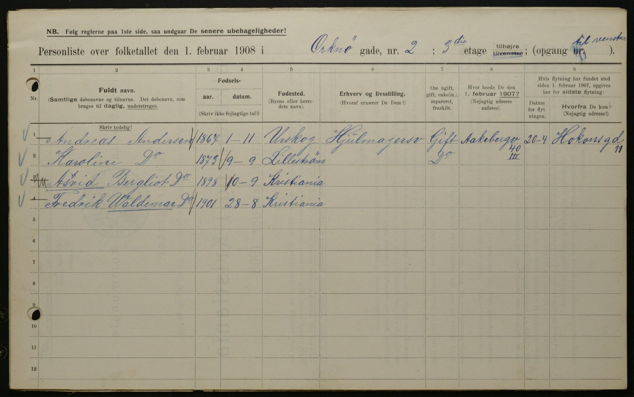 OBA, Municipal Census 1908 for Kristiania, 1908, p. 68032