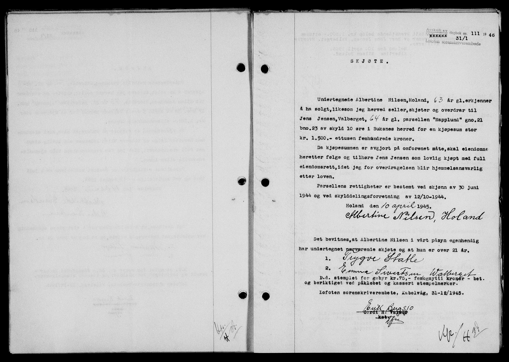 Lofoten sorenskriveri, SAT/A-0017/1/2/2C/L0013a: Mortgage book no. 13a, 1944-1946, Diary no: : 111/1946