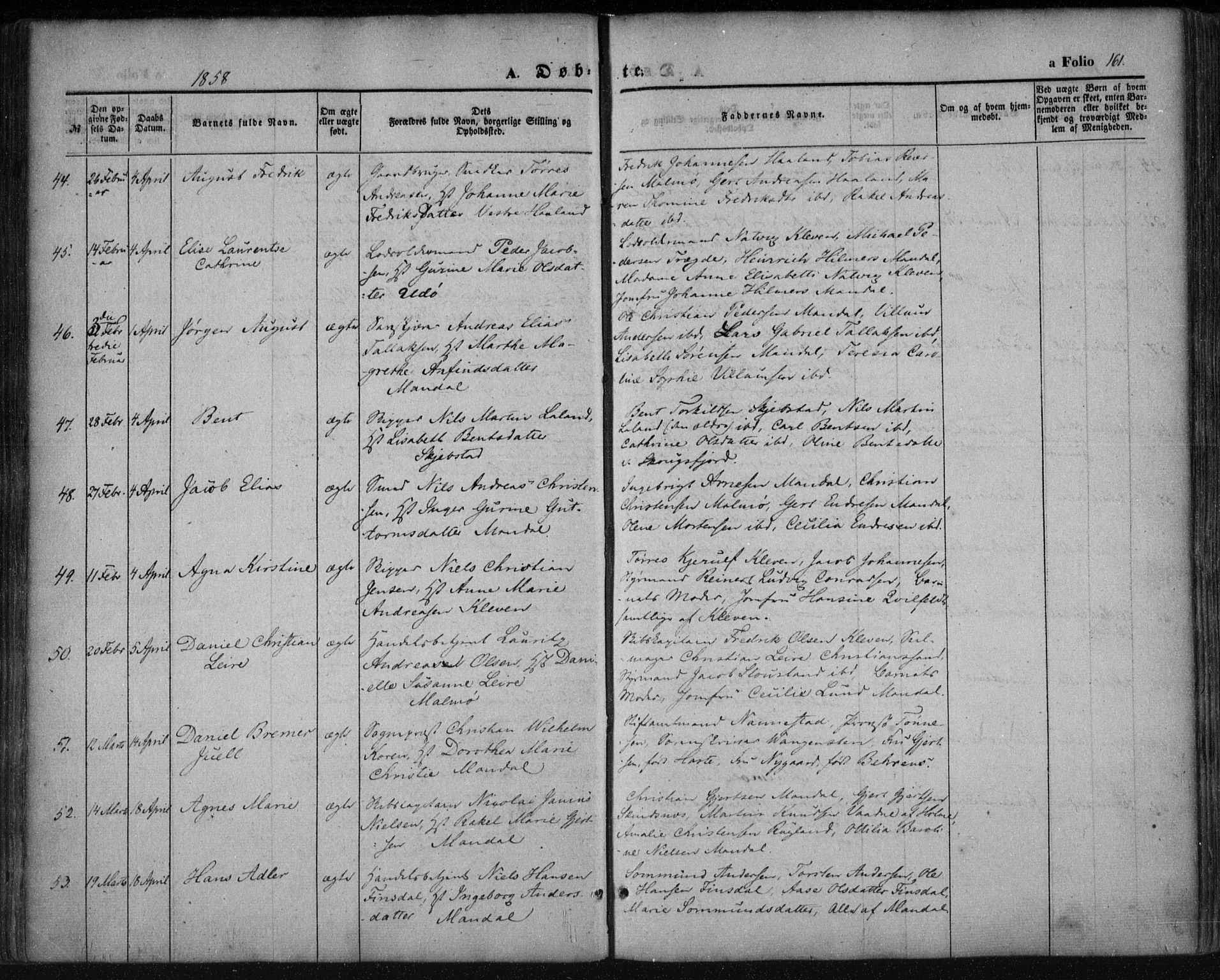 Mandal sokneprestkontor, AV/SAK-1111-0030/F/Fa/Faa/L0013: Parish register (official) no. A 13, 1847-1859, p. 161