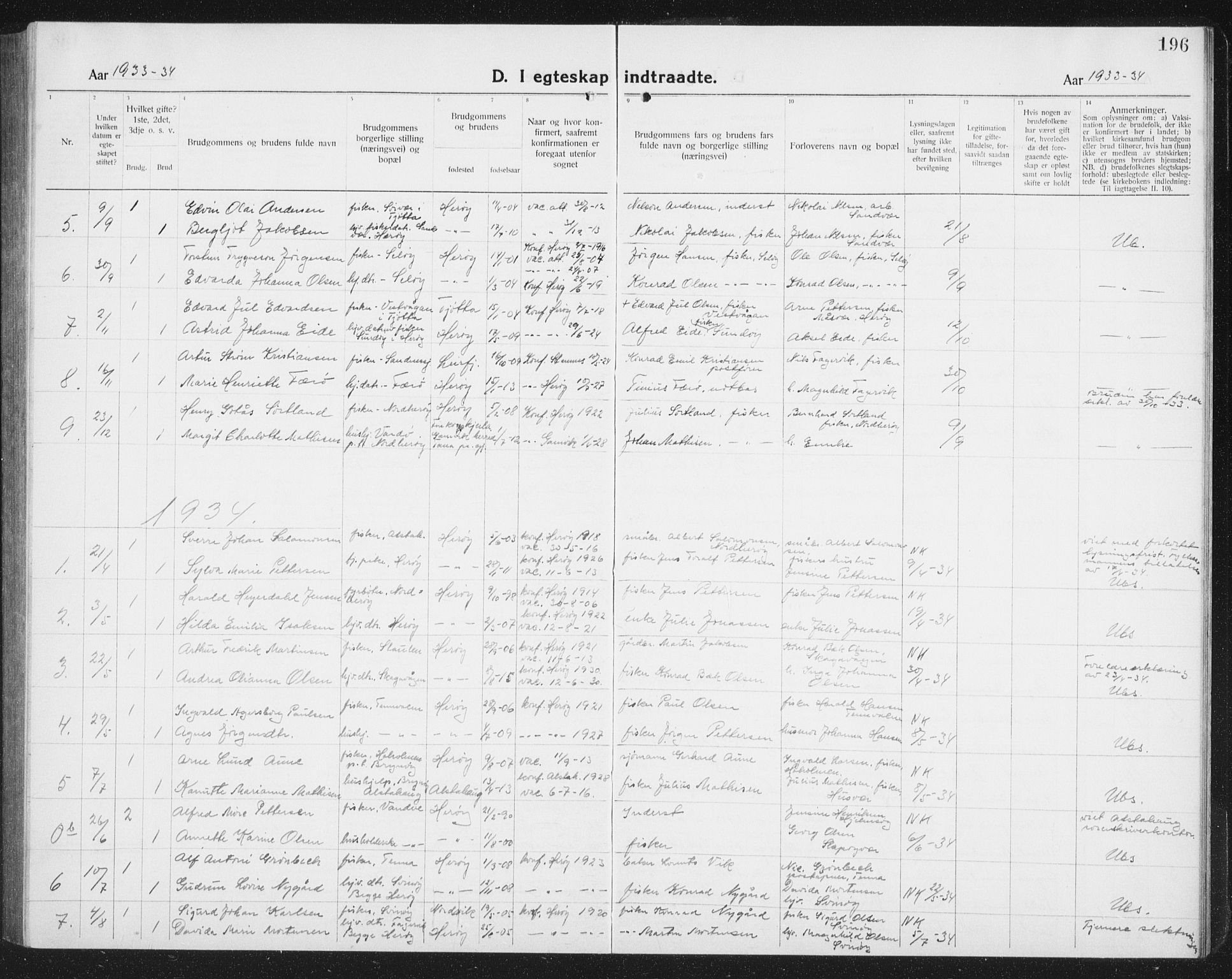 Ministerialprotokoller, klokkerbøker og fødselsregistre - Nordland, AV/SAT-A-1459/834/L0517: Parish register (copy) no. 834C07, 1919-1939, p. 196