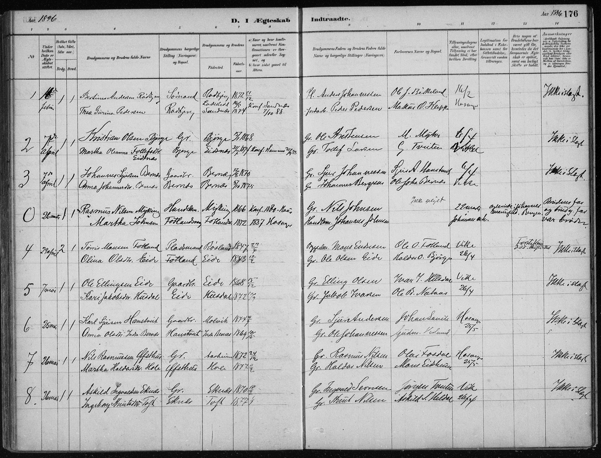 Hosanger sokneprestembete, AV/SAB-A-75801/H/Haa: Parish register (official) no. B  1, 1880-1896, p. 176