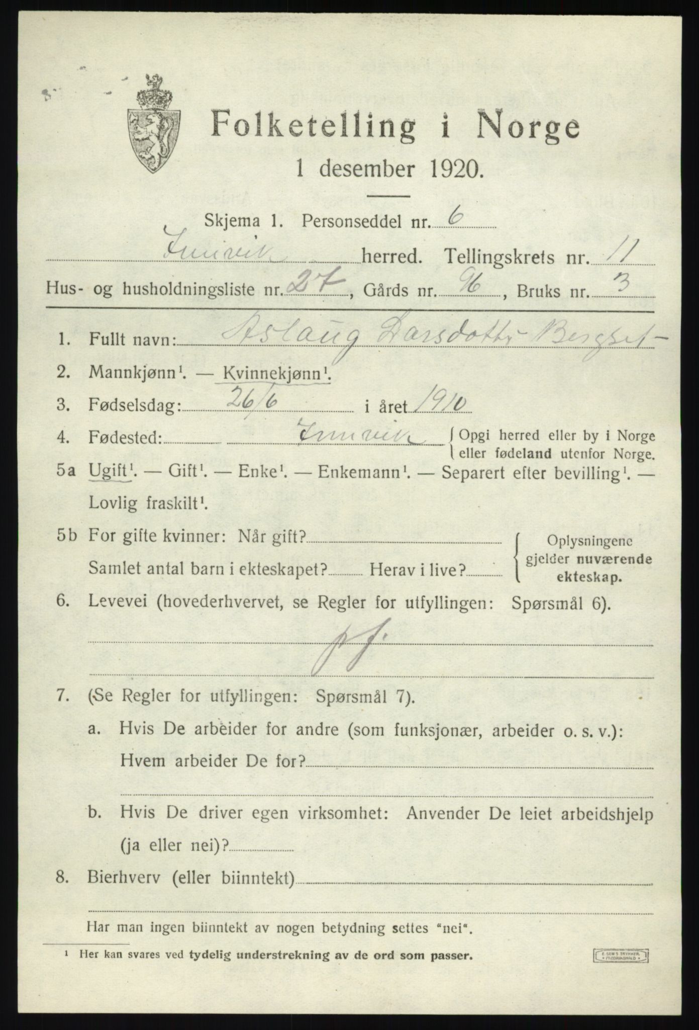 SAB, 1920 census for Innvik, 1920, p. 4875