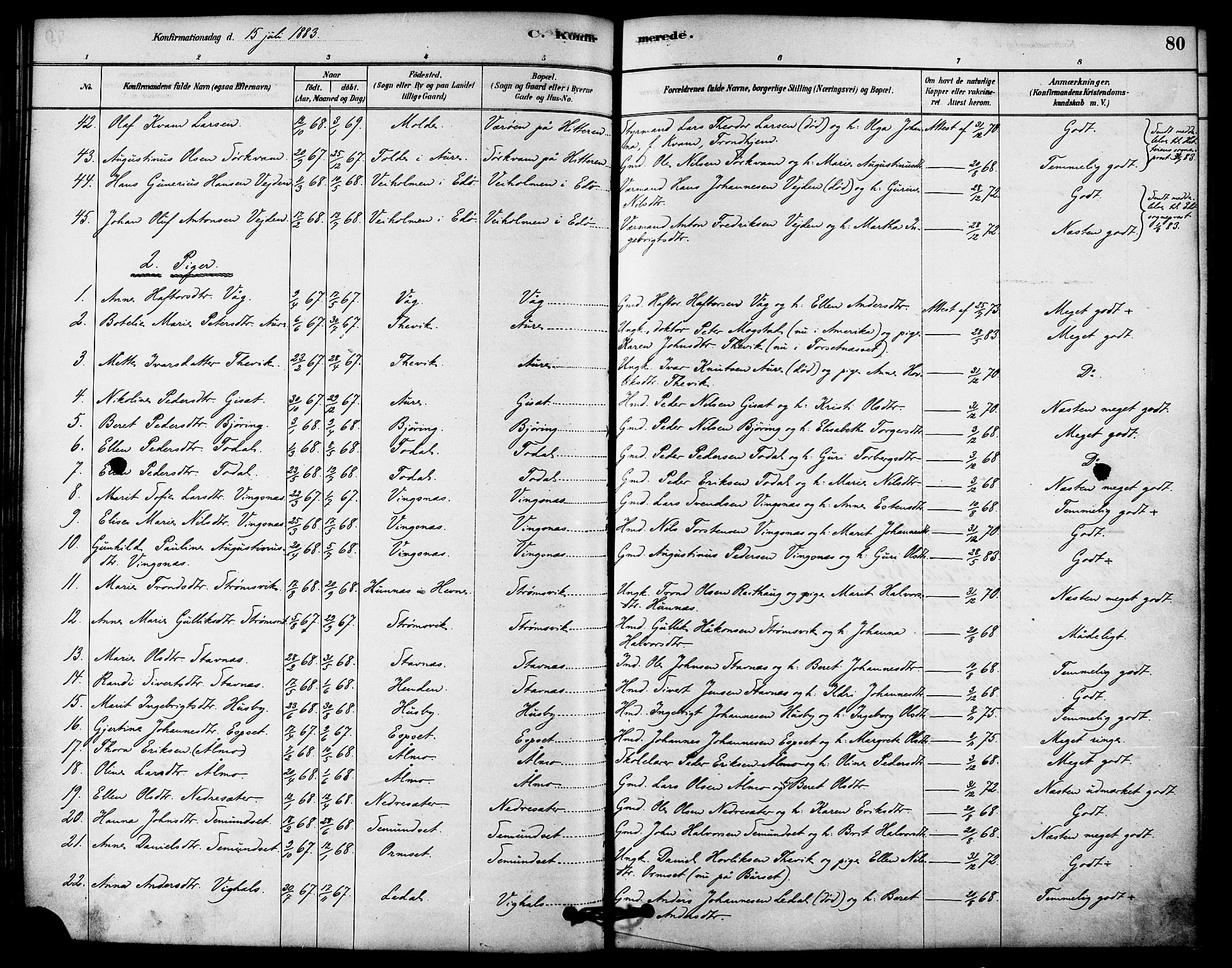 Ministerialprotokoller, klokkerbøker og fødselsregistre - Møre og Romsdal, AV/SAT-A-1454/578/L0906: Parish register (official) no. 578A05, 1878-1886, p. 80