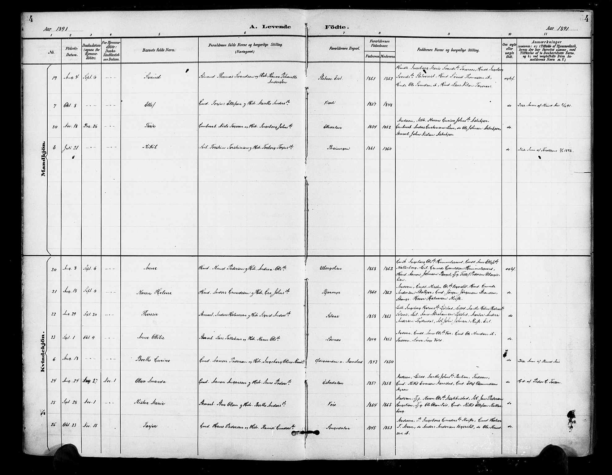 Gjerstad sokneprestkontor, AV/SAK-1111-0014/F/Fa/Fab/L0005: Parish register (official) no. A 5, 1891-1908, p. 4