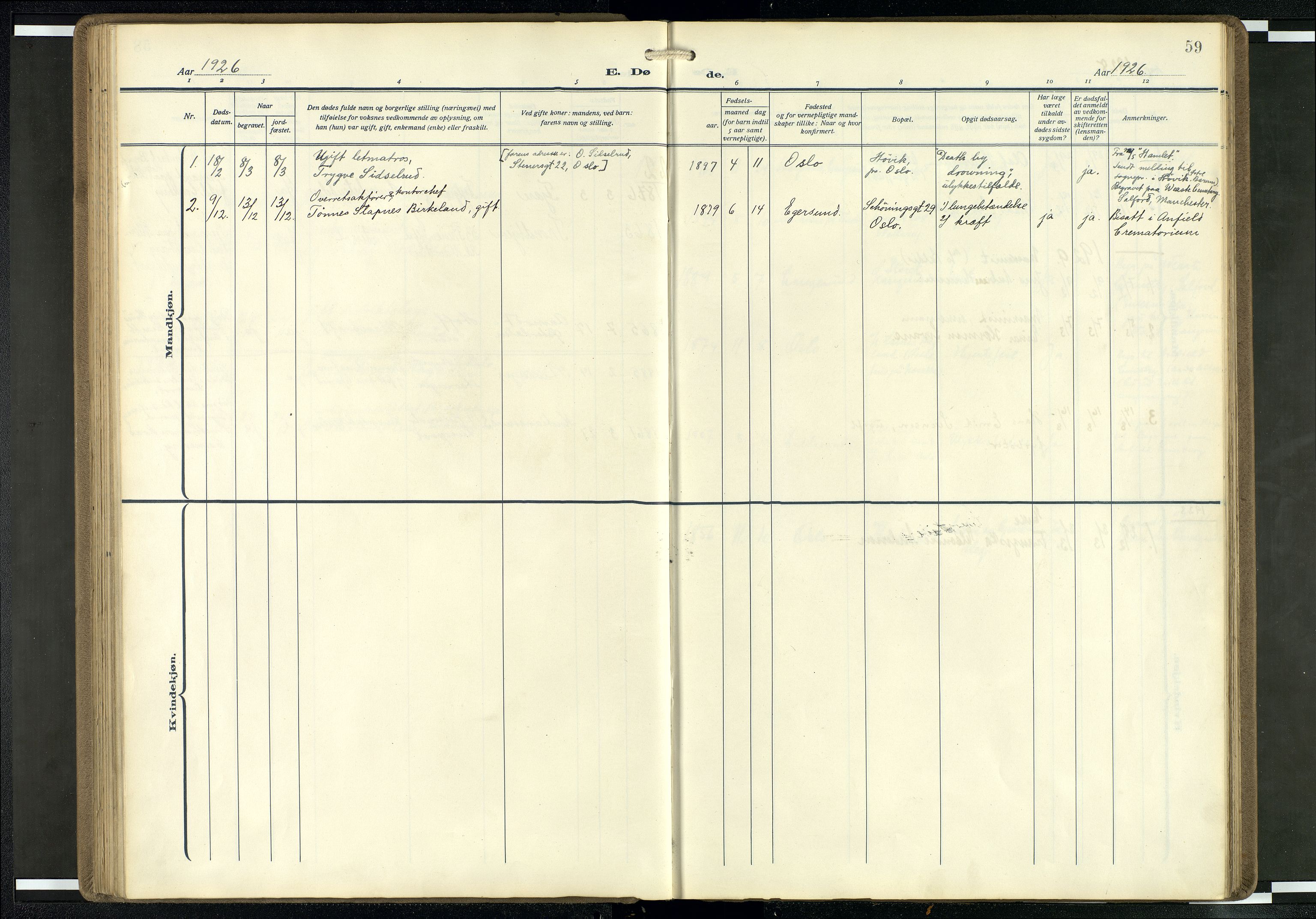 Den norske sjømannsmisjon i utlandet/Mersey-havnene (Liverpool), SAB/SAB/PA-0104/H/Ha/L0001: Parish register (official) no. A 1, 1919-1954, p. 58b-59a