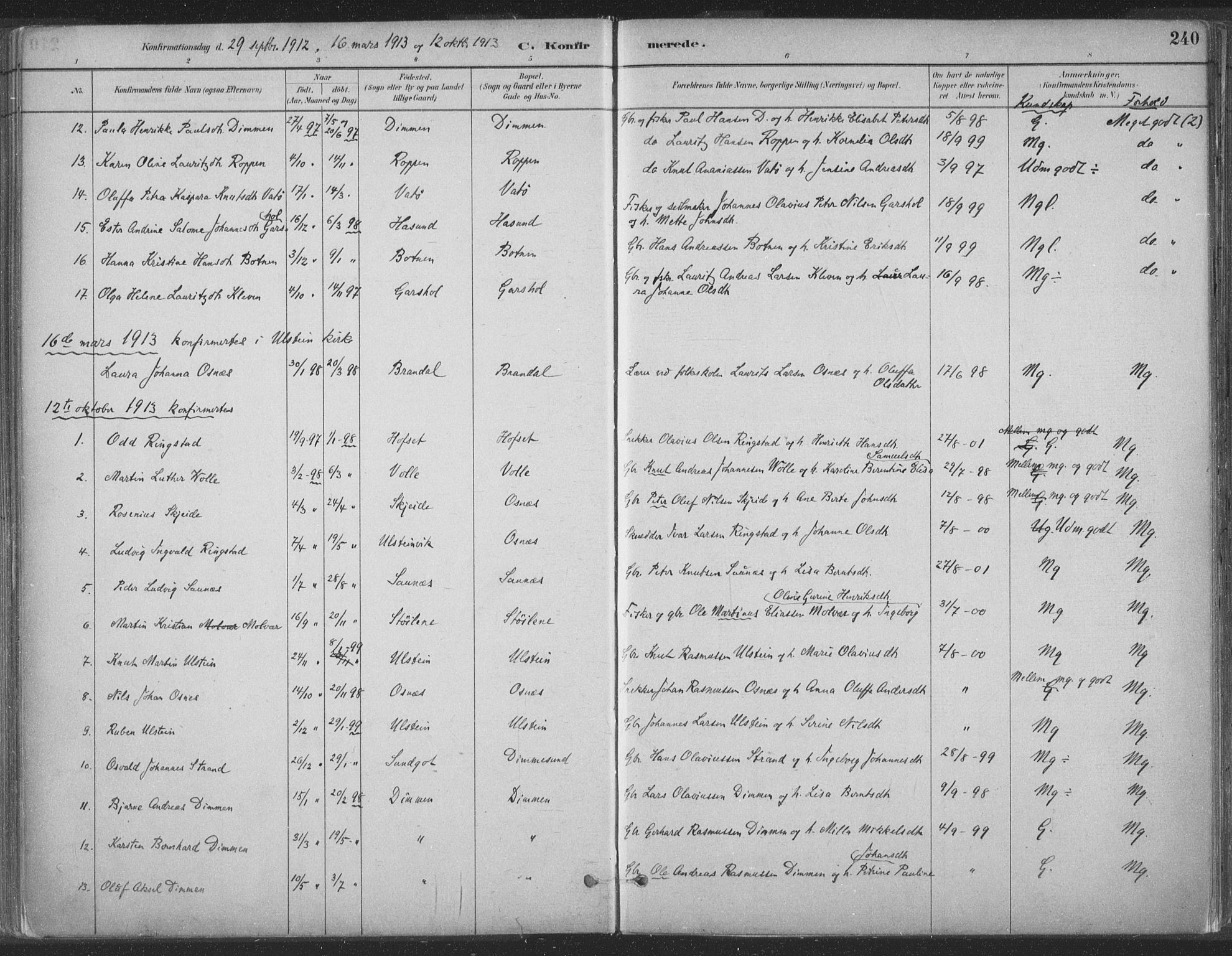 Ministerialprotokoller, klokkerbøker og fødselsregistre - Møre og Romsdal, SAT/A-1454/509/L0106: Parish register (official) no. 509A04, 1883-1922, p. 240