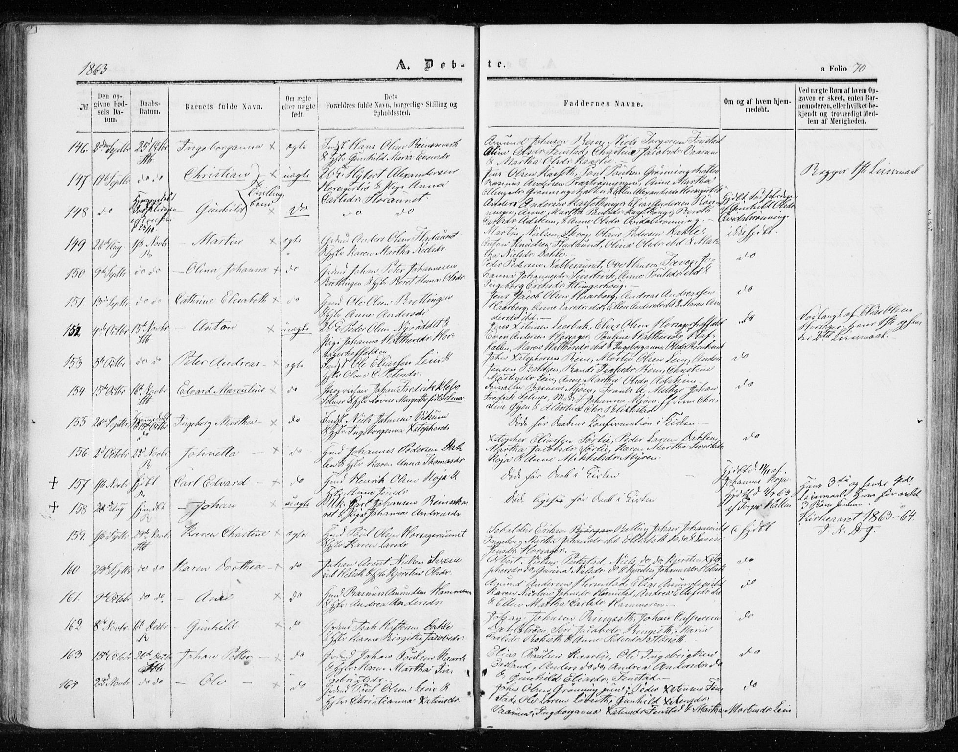 Ministerialprotokoller, klokkerbøker og fødselsregistre - Sør-Trøndelag, SAT/A-1456/646/L0612: Parish register (official) no. 646A10, 1858-1869, p. 70